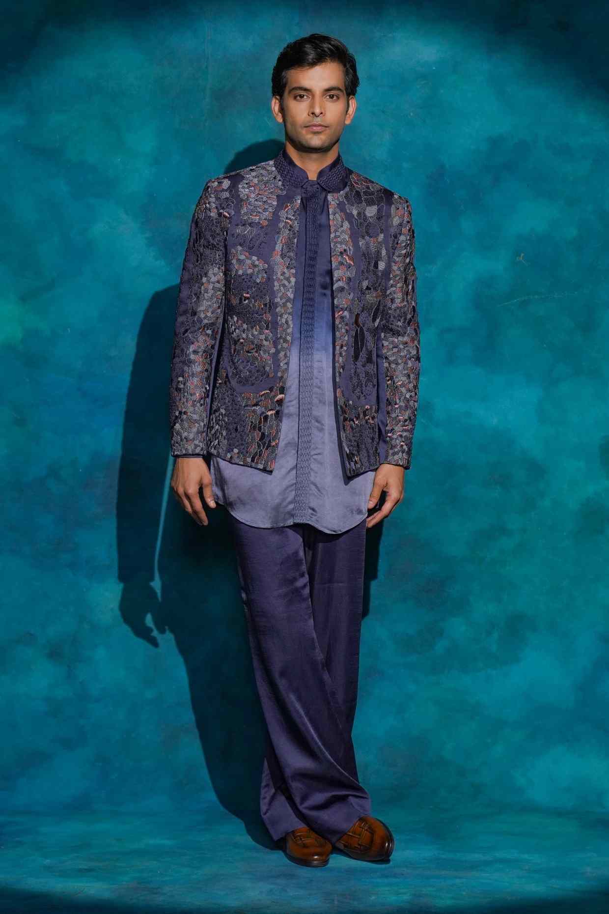 Oceanic Purple Hand Embroidered Short Jacket Set