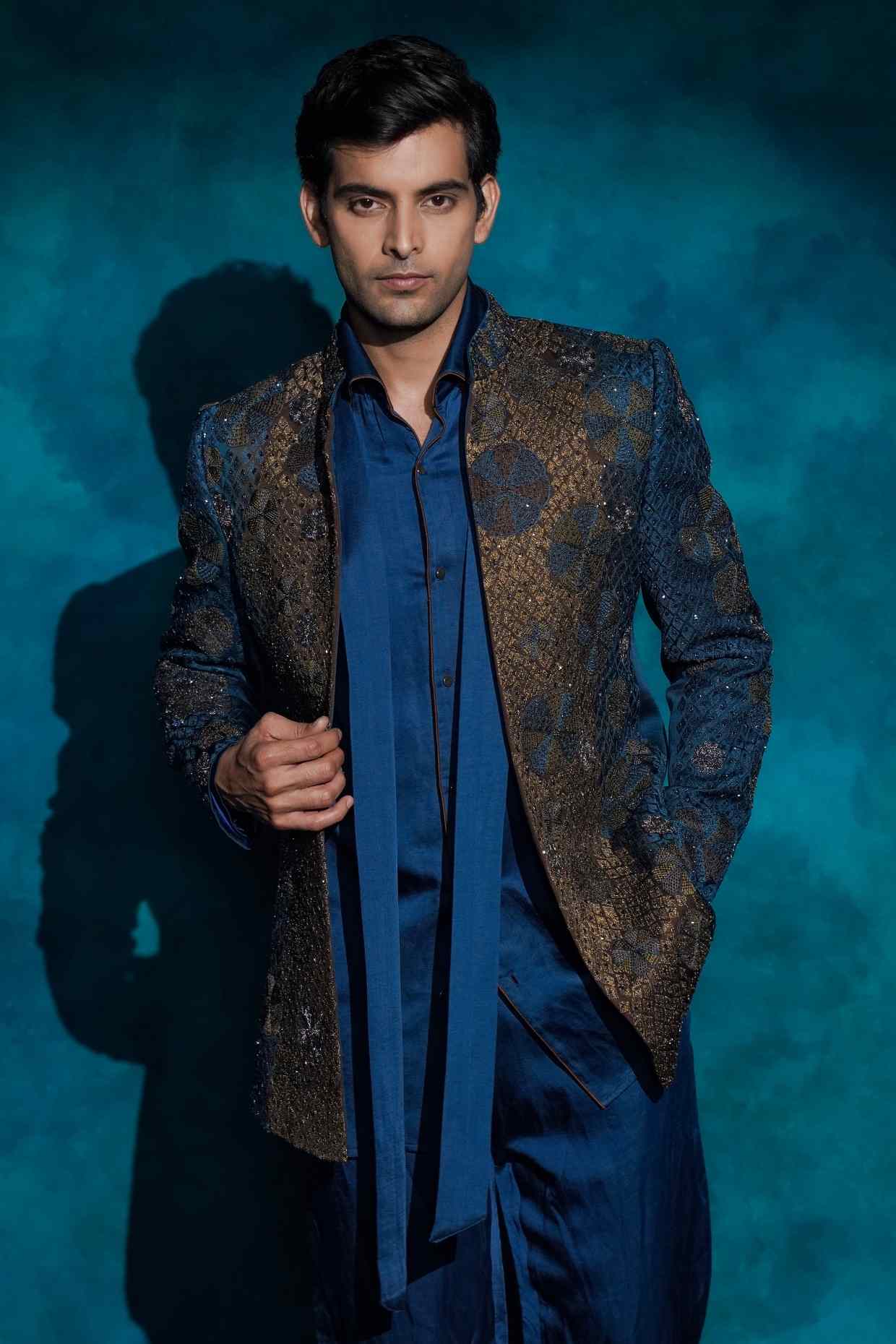 Teal and Ombre Hand Embroidered Short Jacket Set