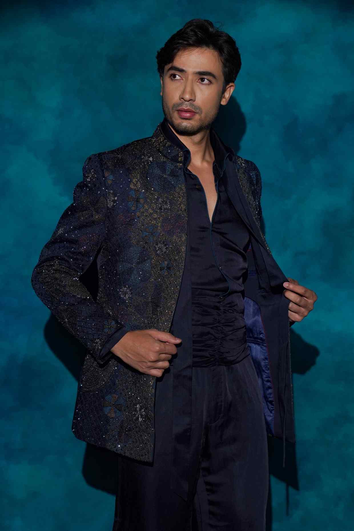 Midnight Blue Hand Embroidered Short Jacket Set