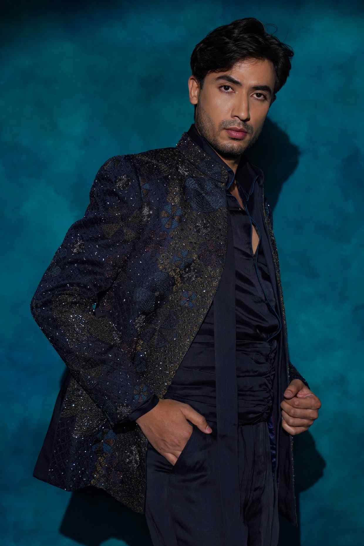 Midnight Blue Hand Embroidered Short Jacket Set