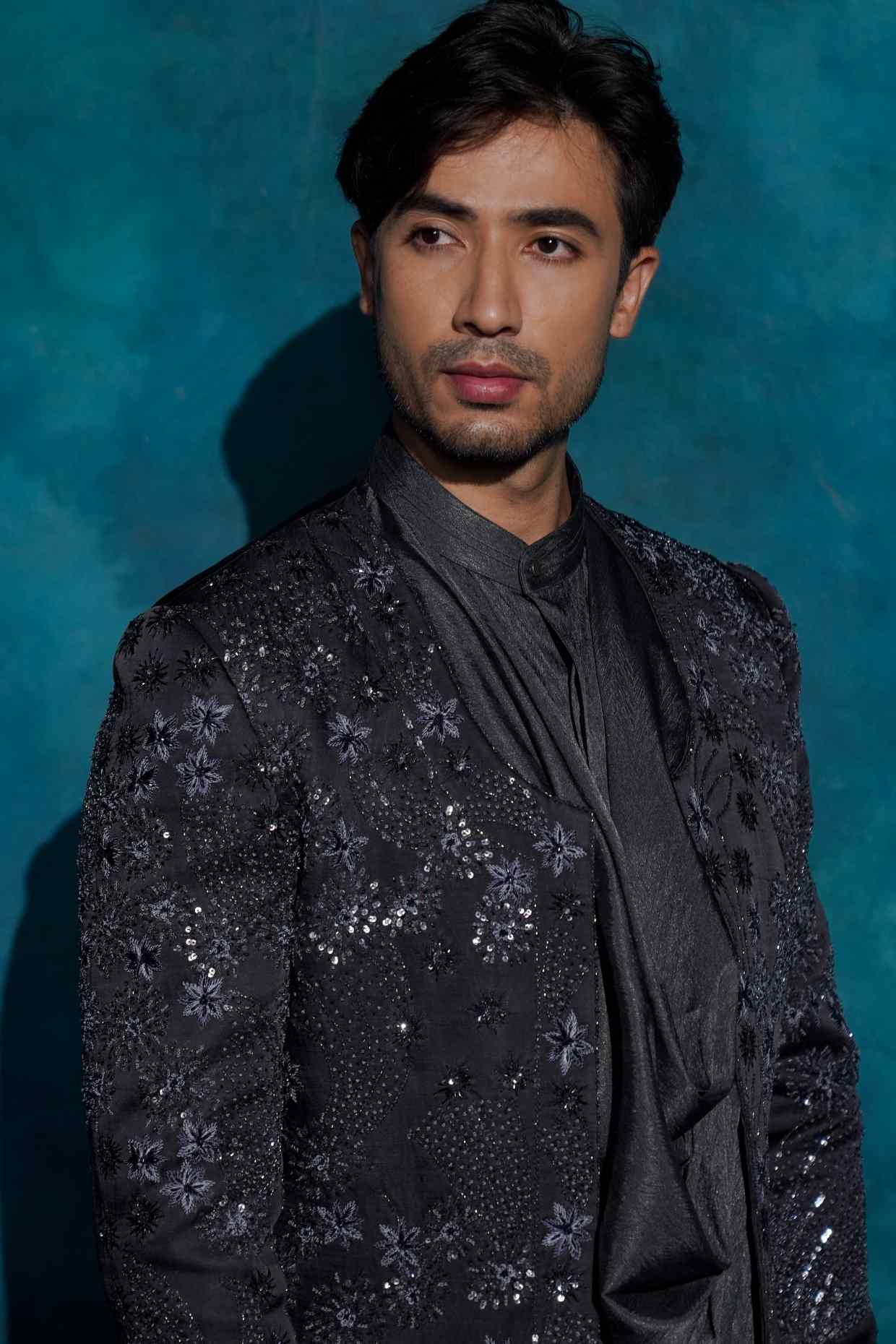 Charcoal Gray Hand Embroidered Contemporary Jacket Set