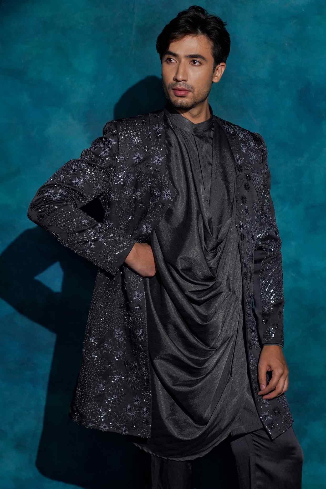 Charcoal Gray Hand Embroidered Contemporary Jacket Set