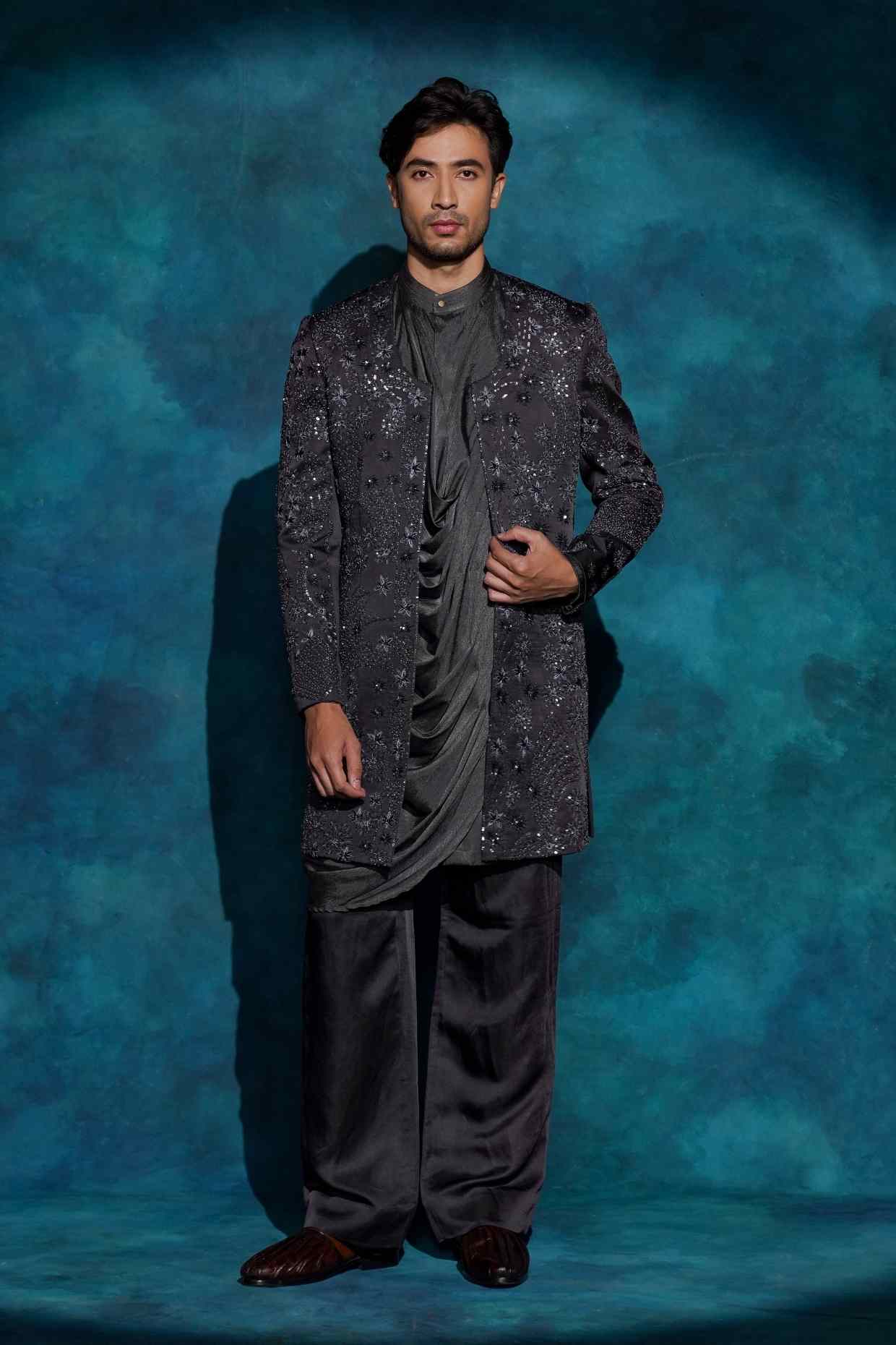 Charcoal Gray Hand Embroidered Contemporary Jacket Set