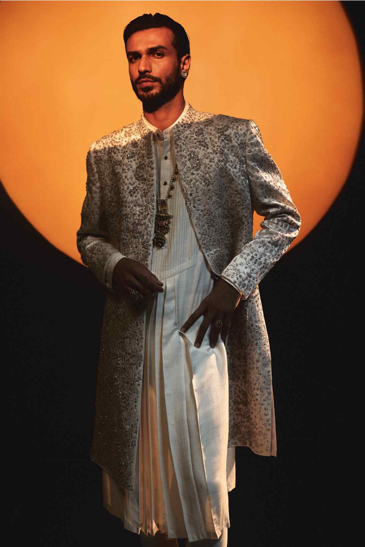 Ethereal Rose Crème Zardosi Dabka Sherwani Set