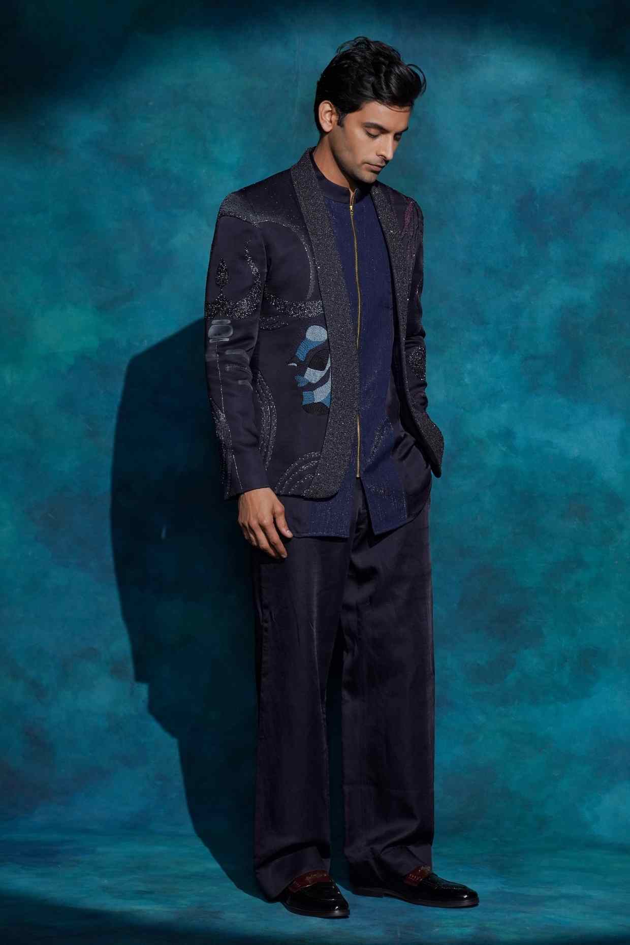 Midnight Blue Hand Embroidered Concept Blazer Set