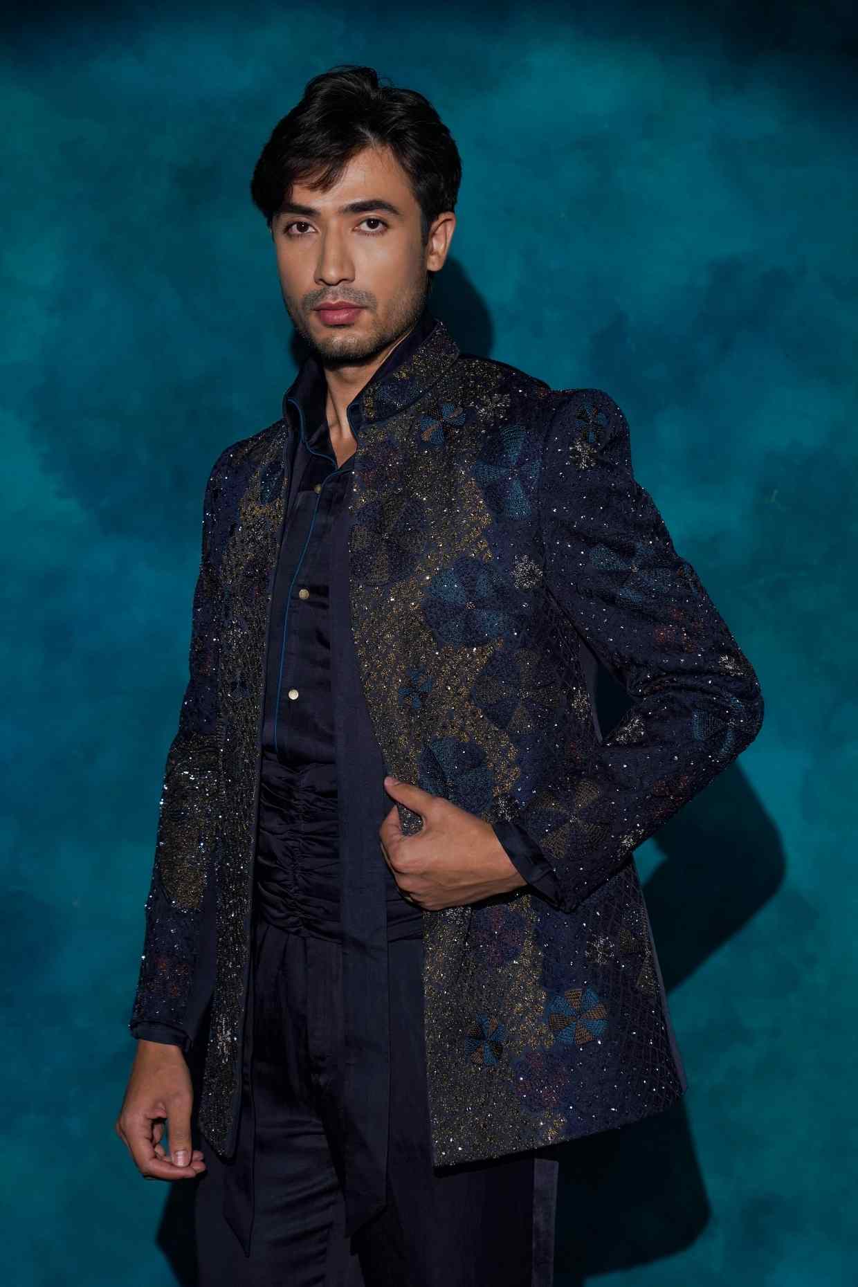 Midnight Blue Hand Embroidered Short Jacket Set