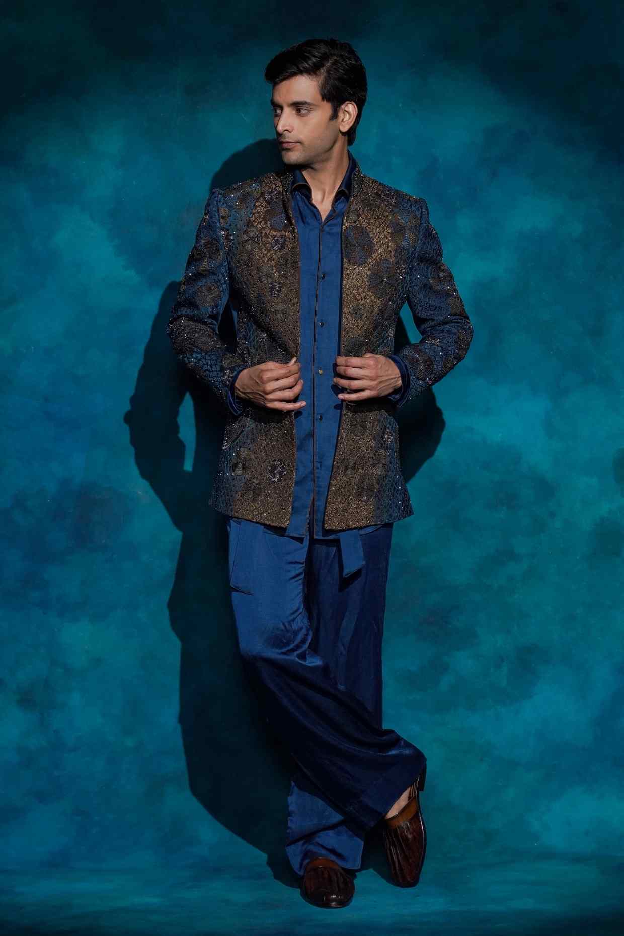 Teal and Ombre Hand Embroidered Short Jacket Set