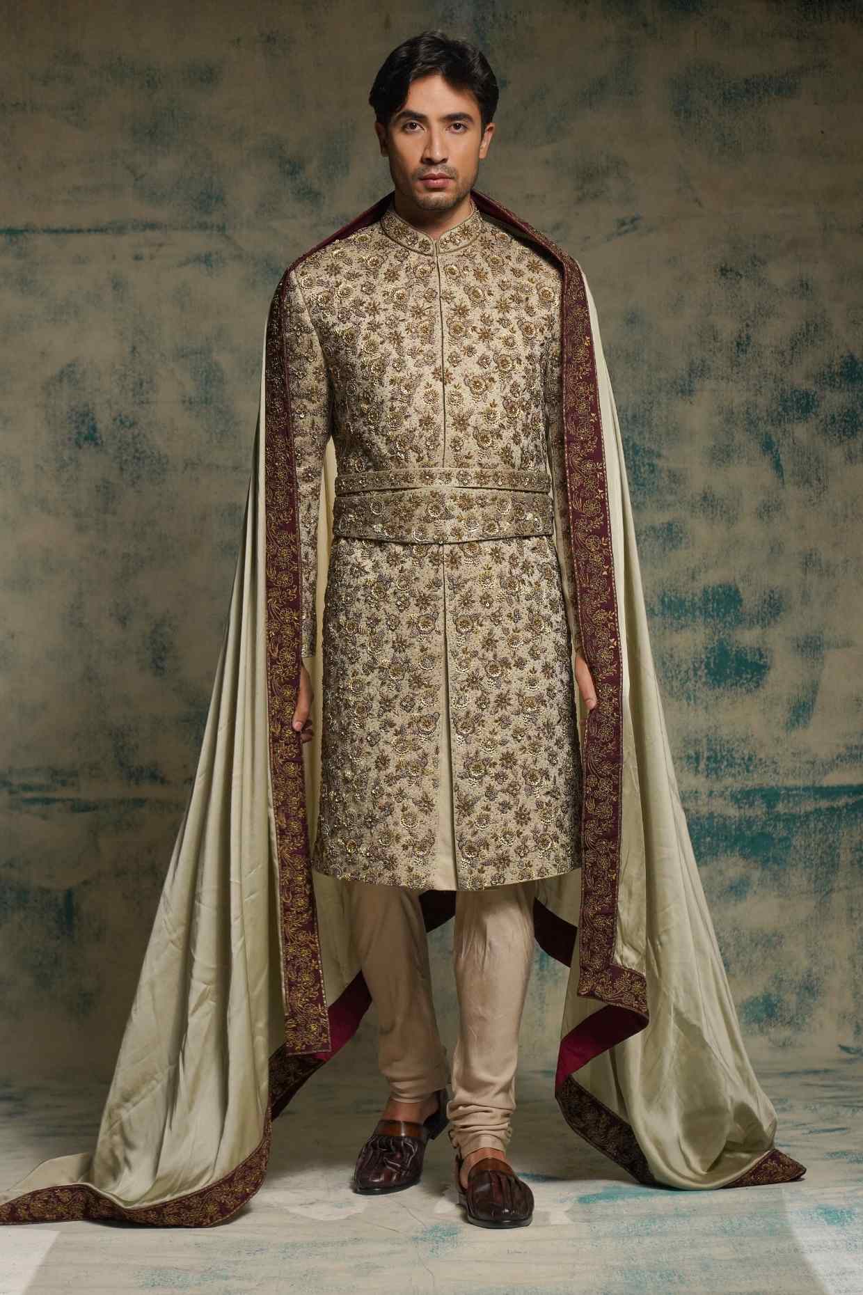 Sand Grey Linen Silk Embroidered Sherwani Set