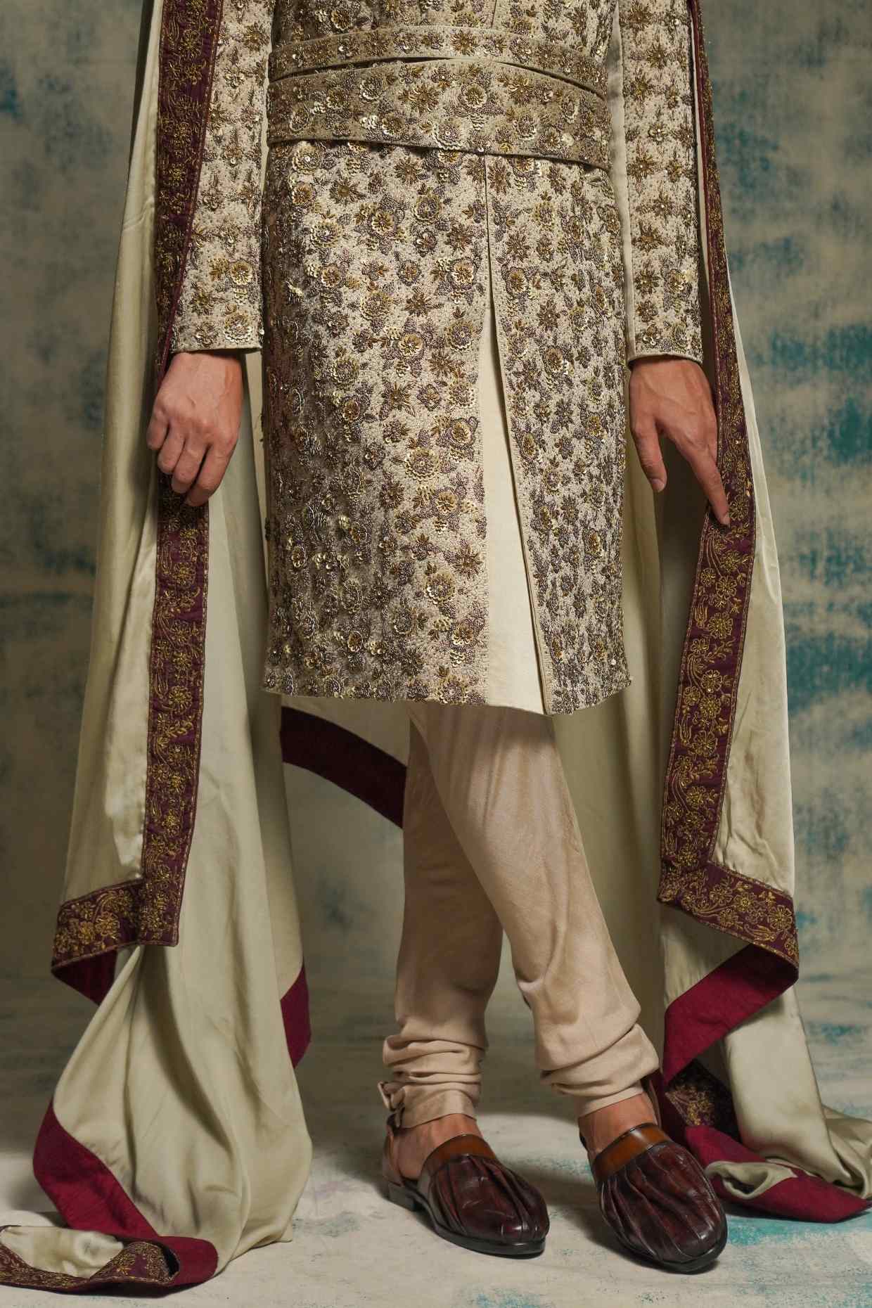 Sand Grey Linen Silk Embroidered Sherwani Set