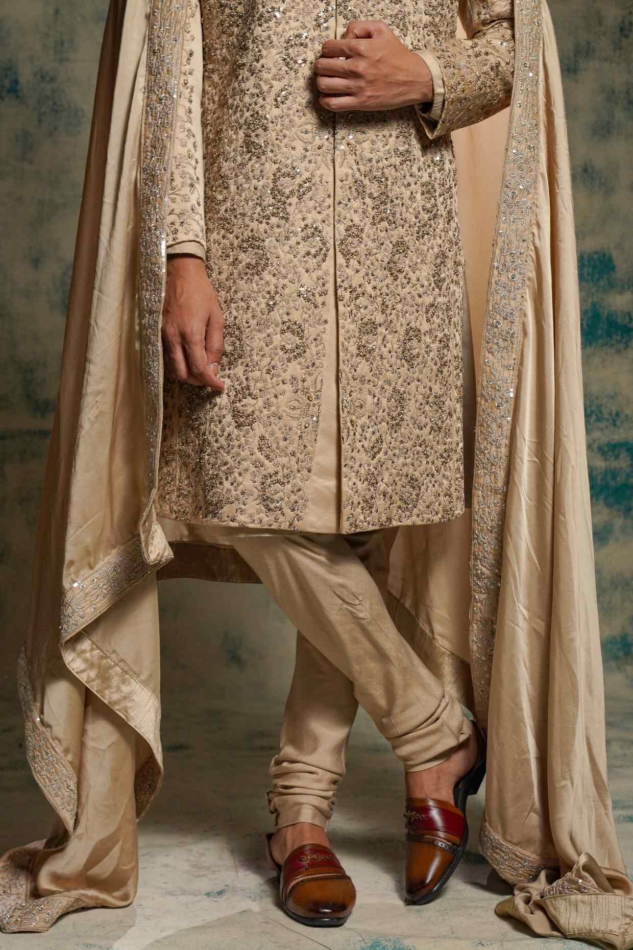 Sand Grey Linen Silk Embroidered Sherwani Set