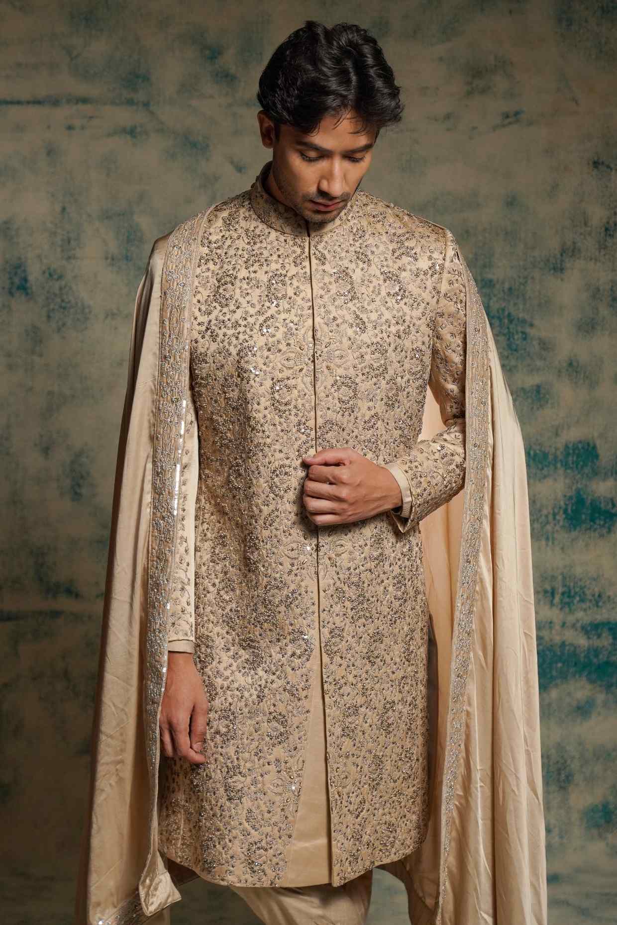 Sand Grey Linen Silk Embroidered Sherwani Set