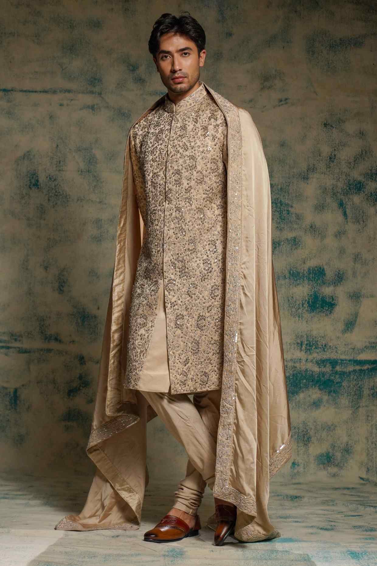 Sand Grey Linen Silk Embroidered Sherwani Set