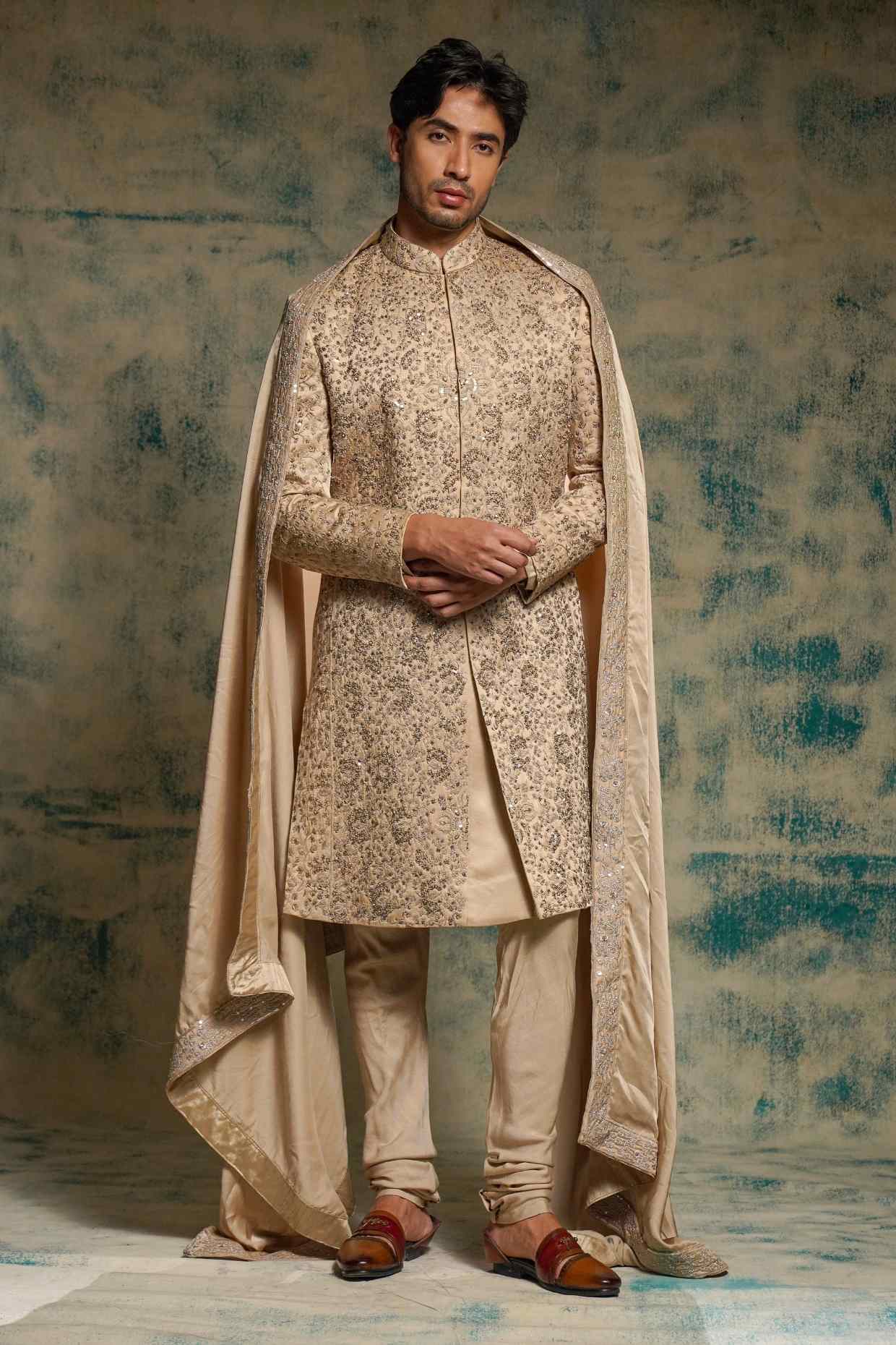 Sand Grey Linen Silk Embroidered Sherwani Set