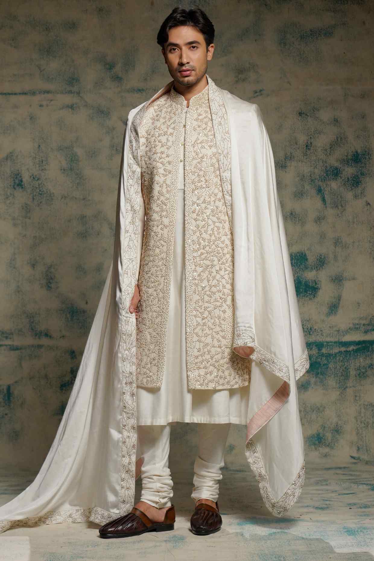 Ivory Embroidered Pearl Open Sherwani Set