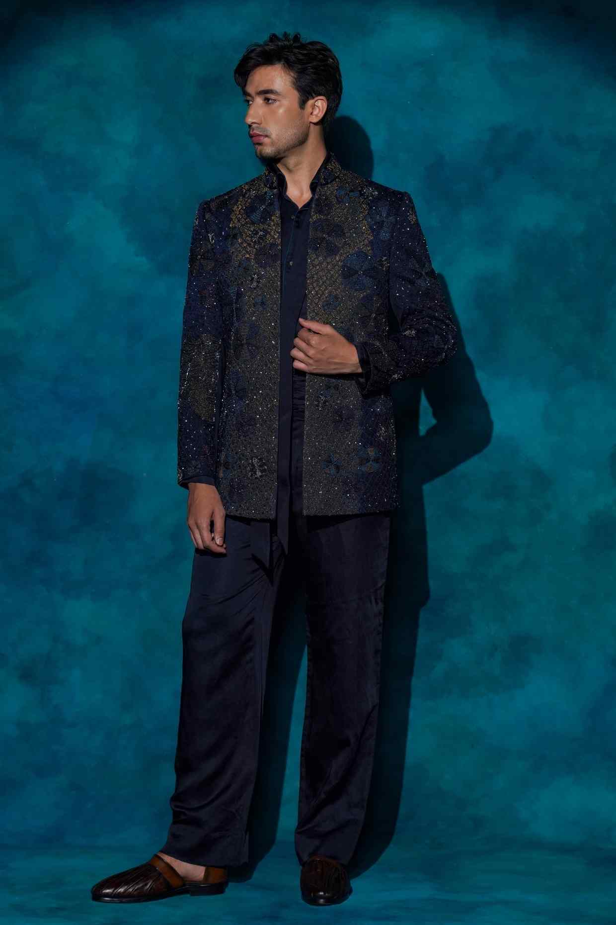 Midnight Blue Hand Embroidered Short Jacket Set
