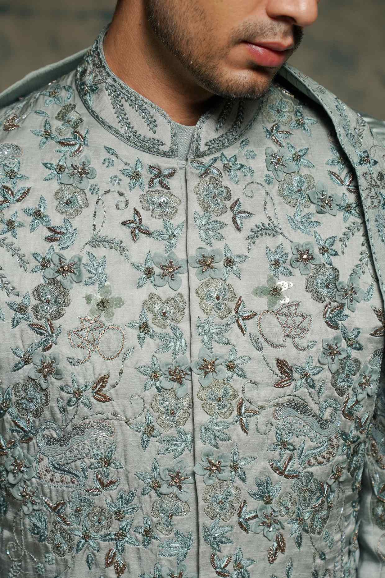 Chateau Gray Hand Embroidered Sherwani Set
