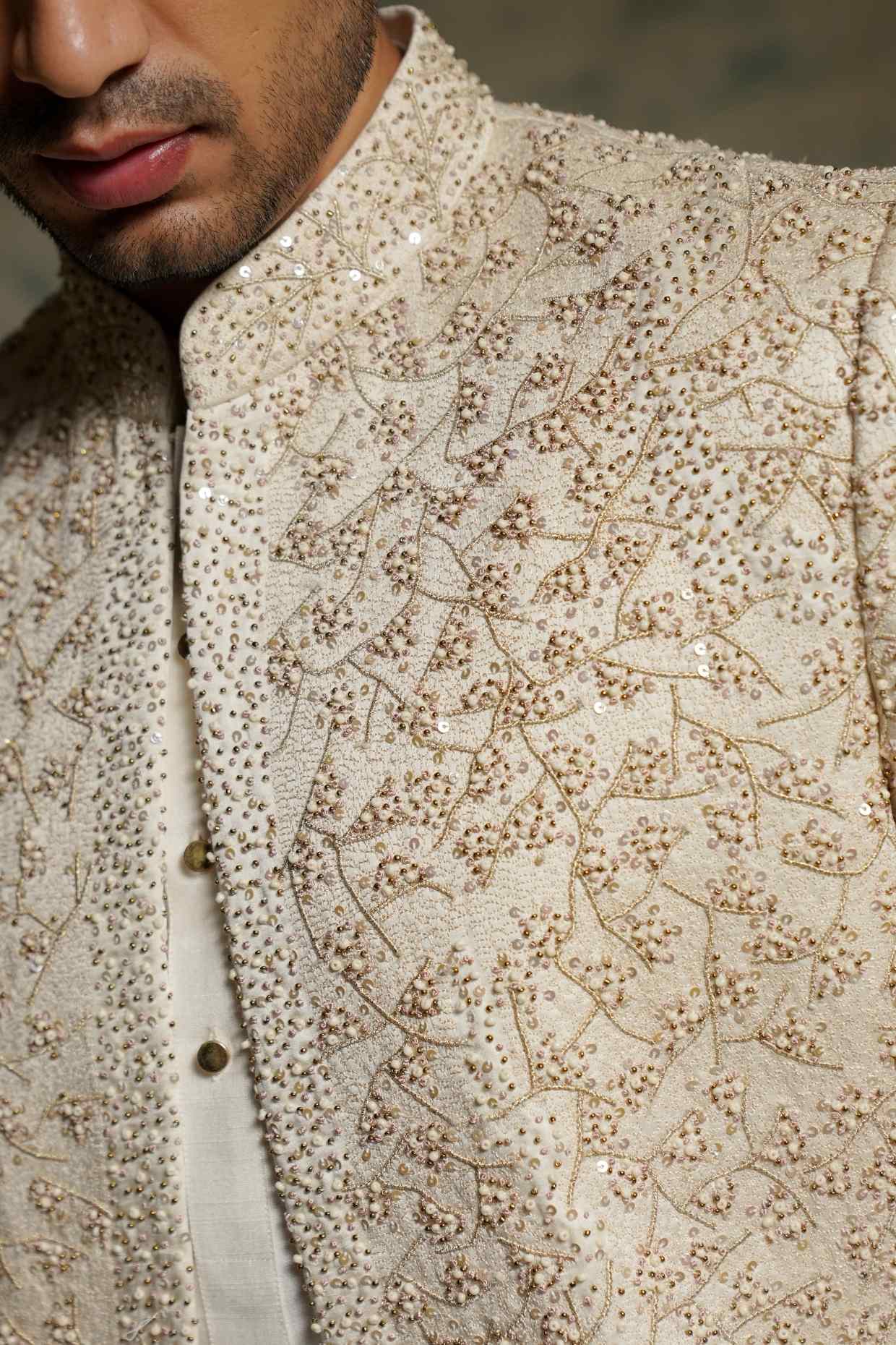 Ivory Embroidered Pearl Open Sherwani Set