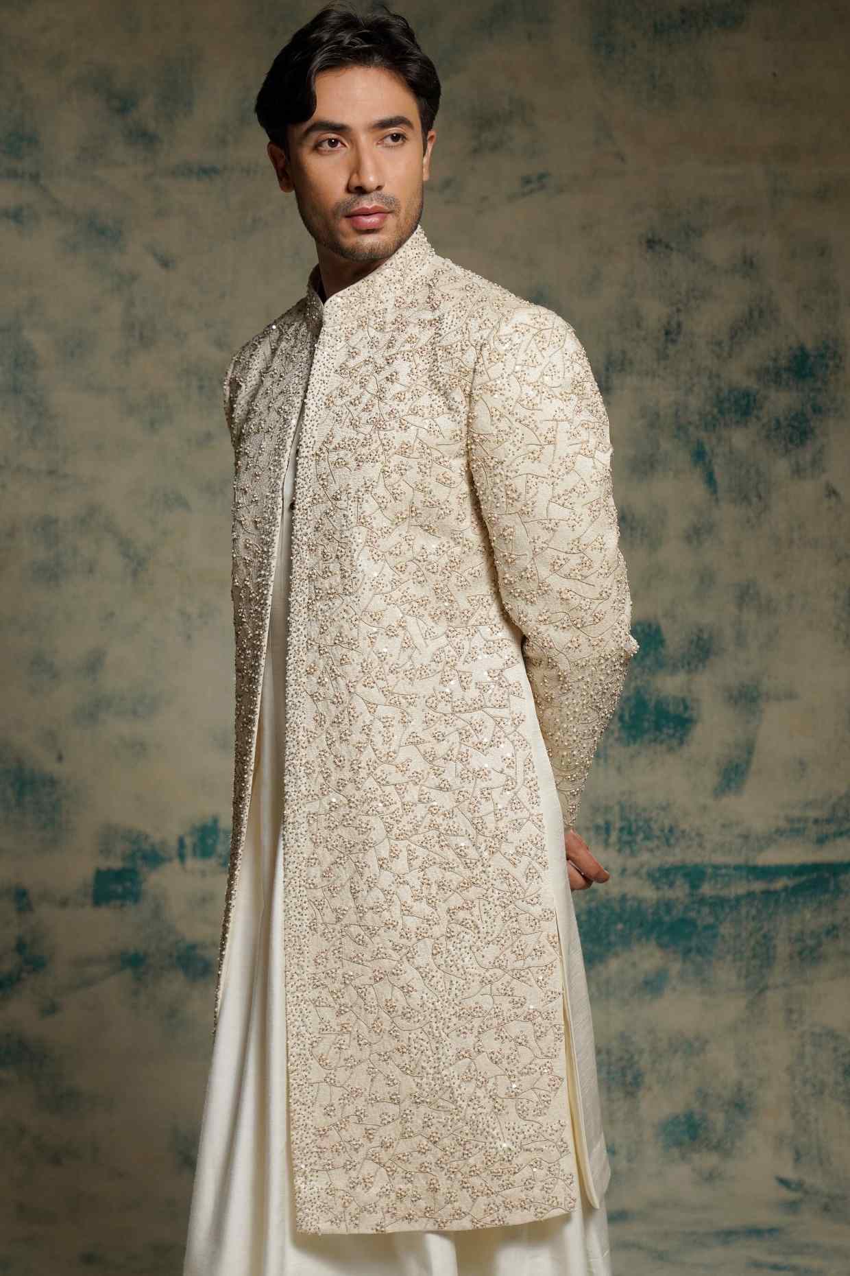 Ivory Embroidered Pearl Open Sherwani Set