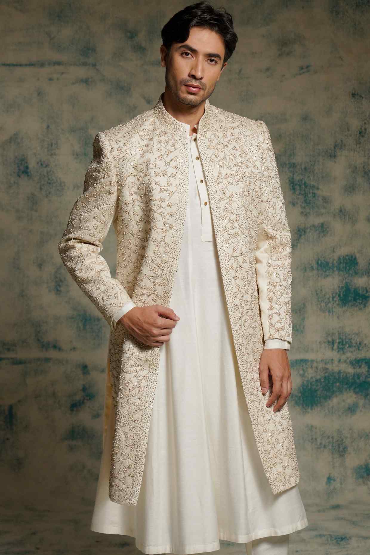 Ivory Embroidered Pearl Open Sherwani Set
