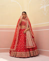 Elegant red raw silk bridal lehenga with intricate embroidery