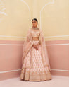 Elegant pink raw silk lehenga set with intricate floral embroidery