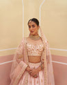 Graceful pink raw silk lehenga set with detailed zari work