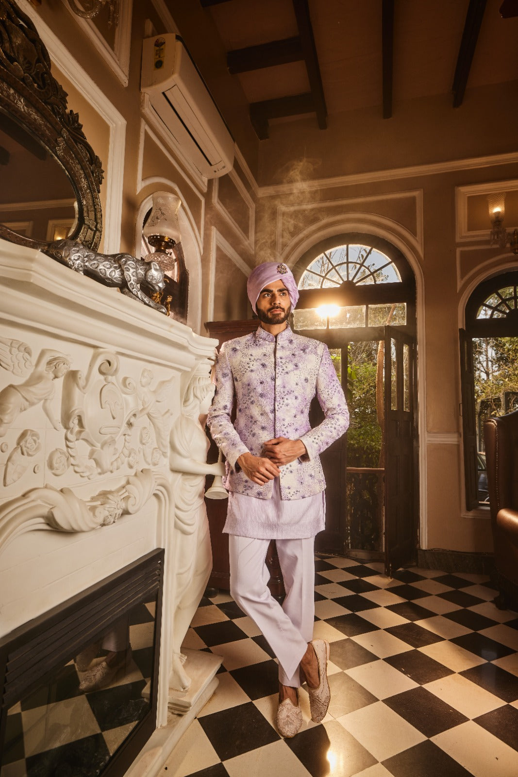 Lilac Chanderi Silk Tie-Dye Embroidered Bandhgala Set