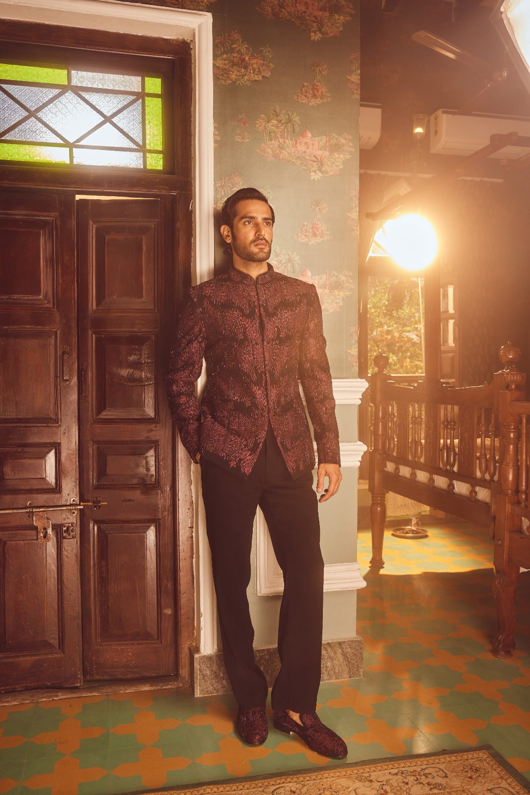 Wine Tigene Pitta Embroidered Bandhgala Set