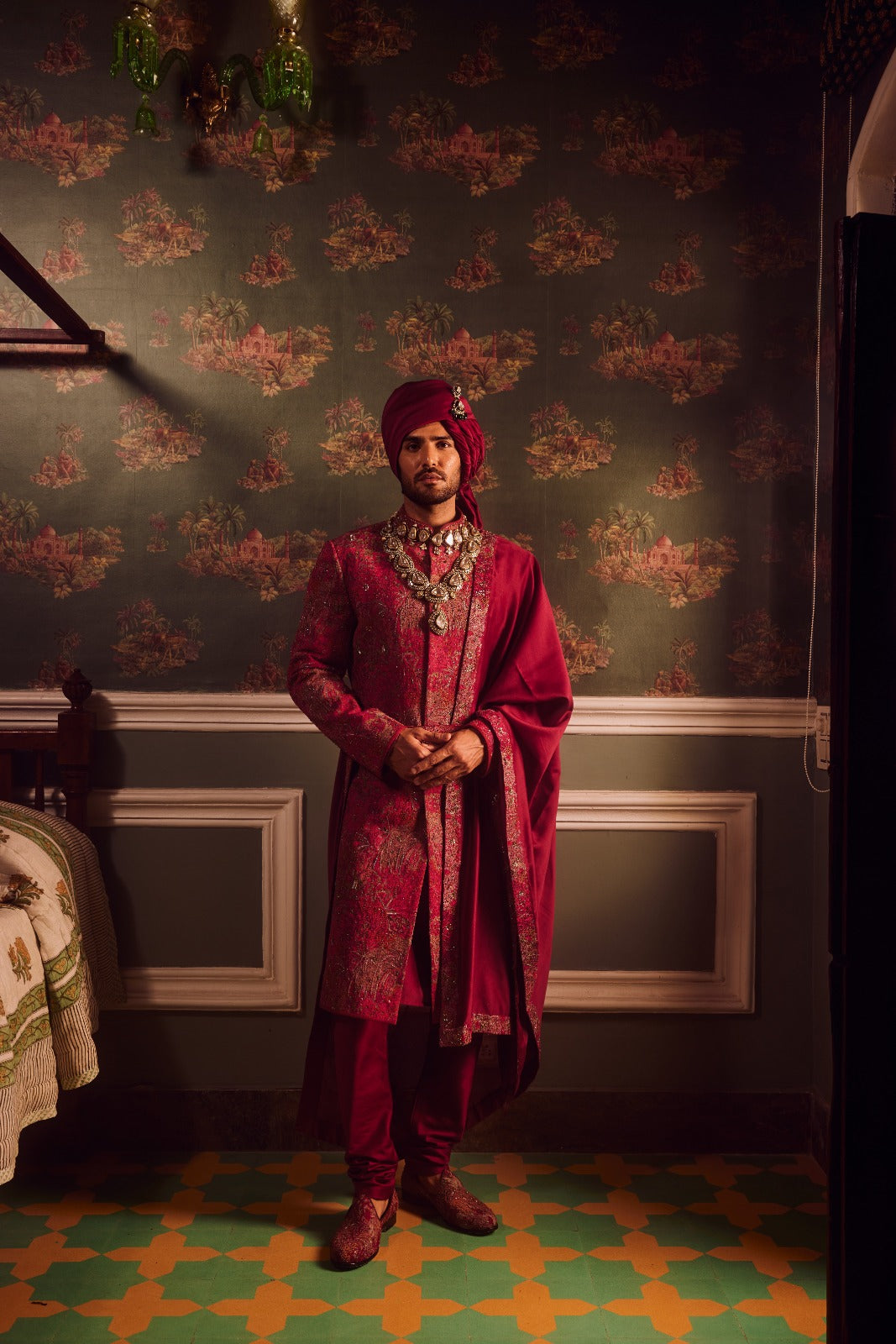 Wine Pitta Moti Silk Embroidered Sherwani Set