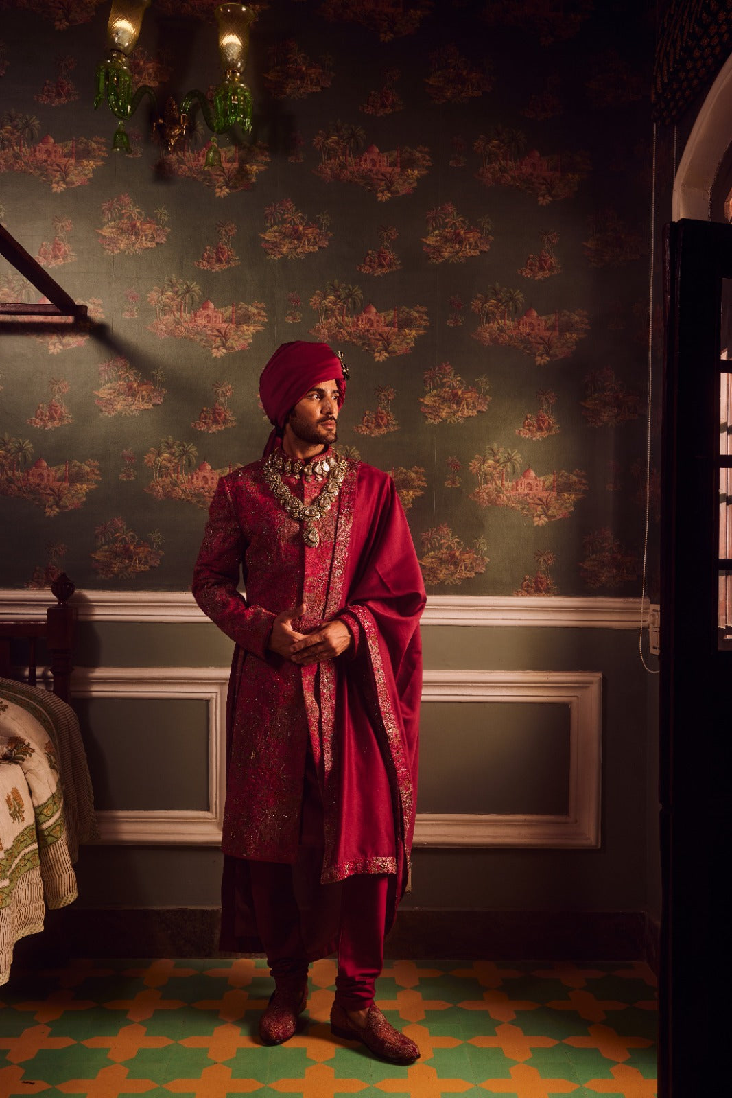 Wine Pitta Moti Silk Embroidered Sherwani Set