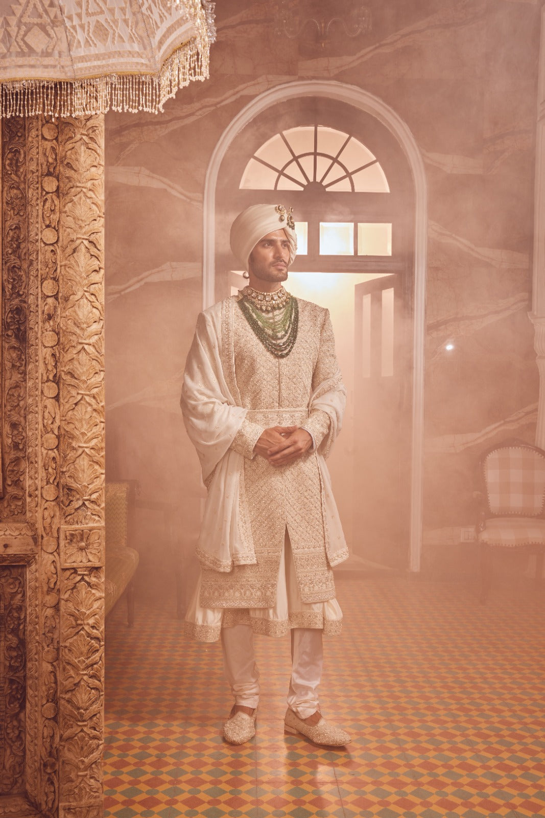 Ivory Raw Silk Zardozi Embroidered Sherwani Set