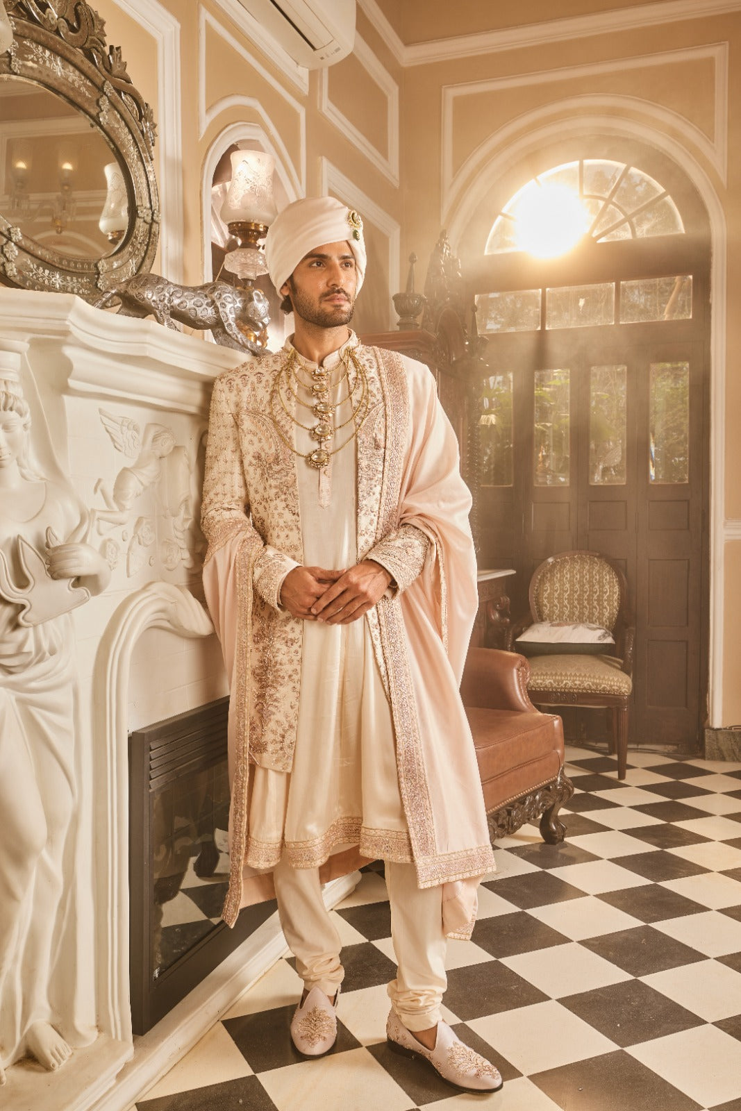 Ivory Raw Silk Open Embroidered Sherwani Set