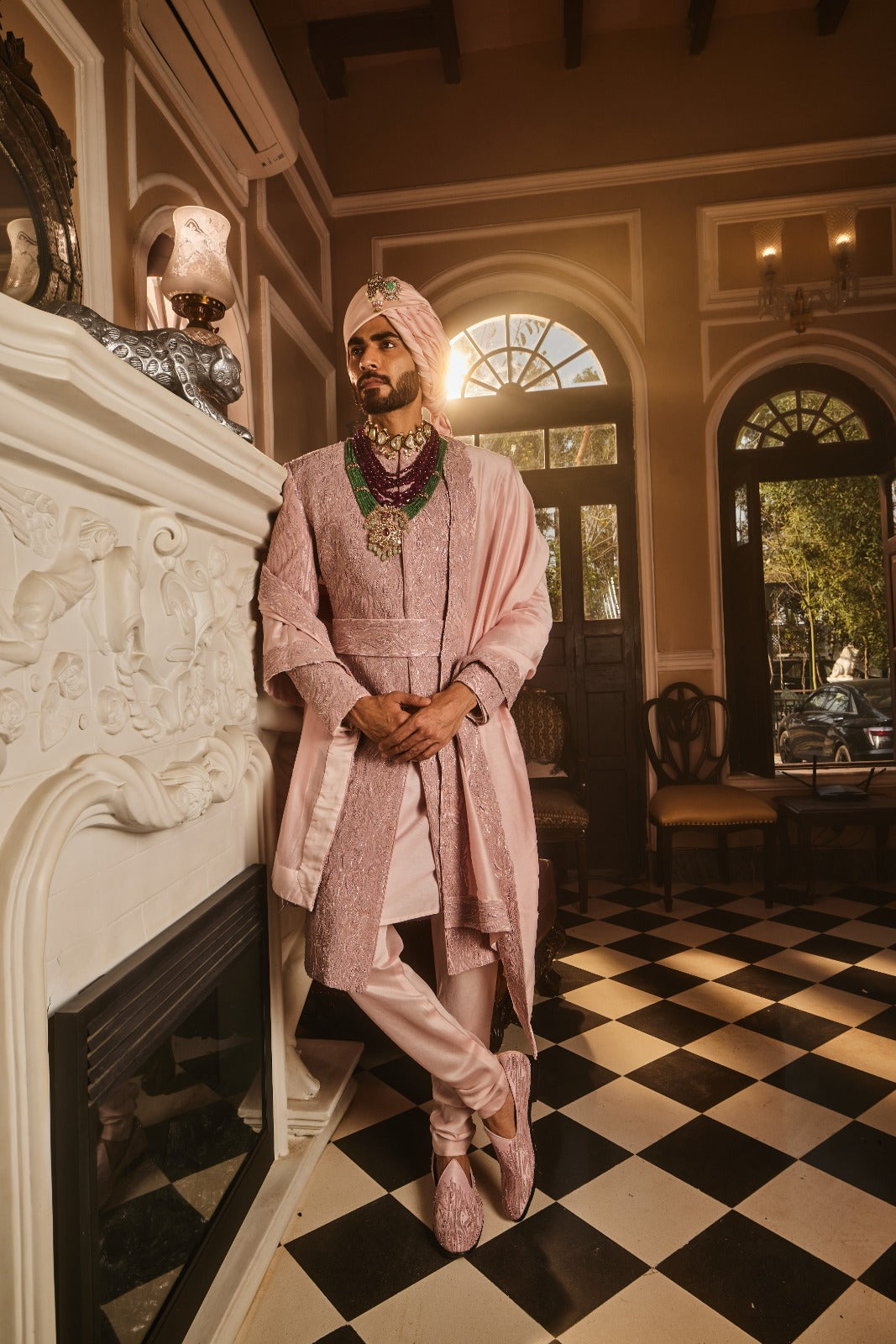 Crepe Pink Raw Silk Embroidered Sherwani Set