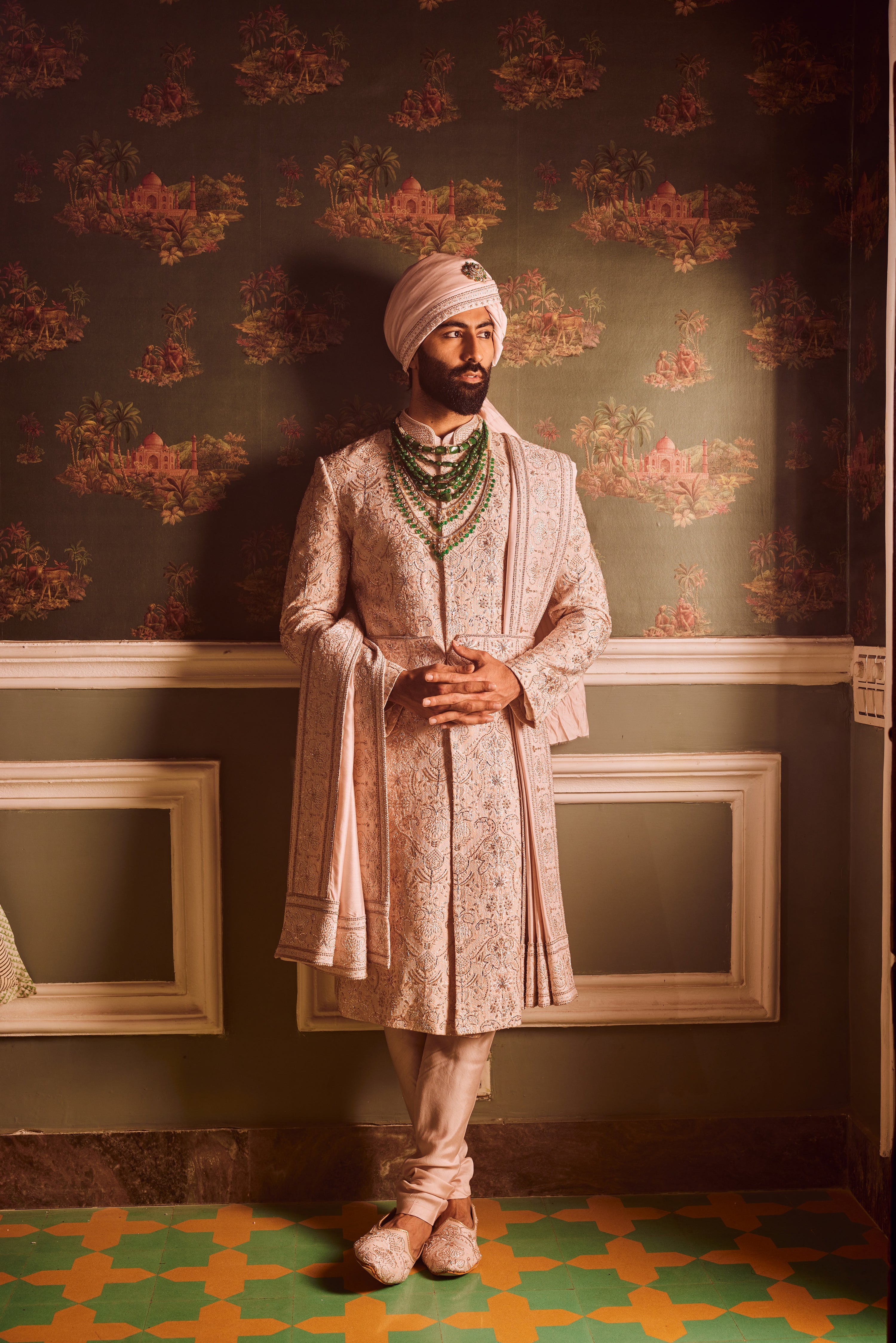 Light Pink Palm Silk Hand-Embroidered Sherwani Set
