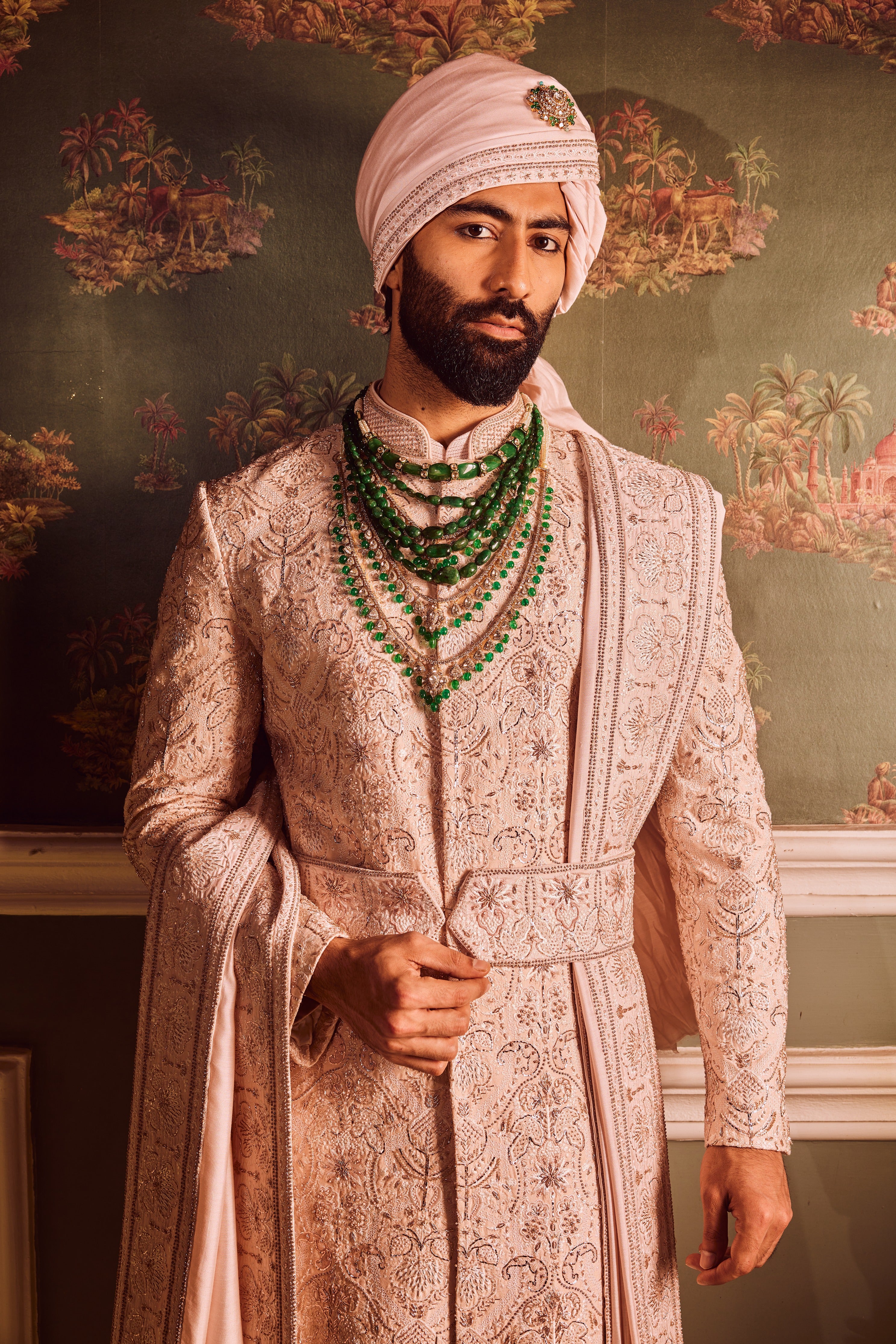 Light Pink Palm Silk Hand-Embroidered Sherwani Set