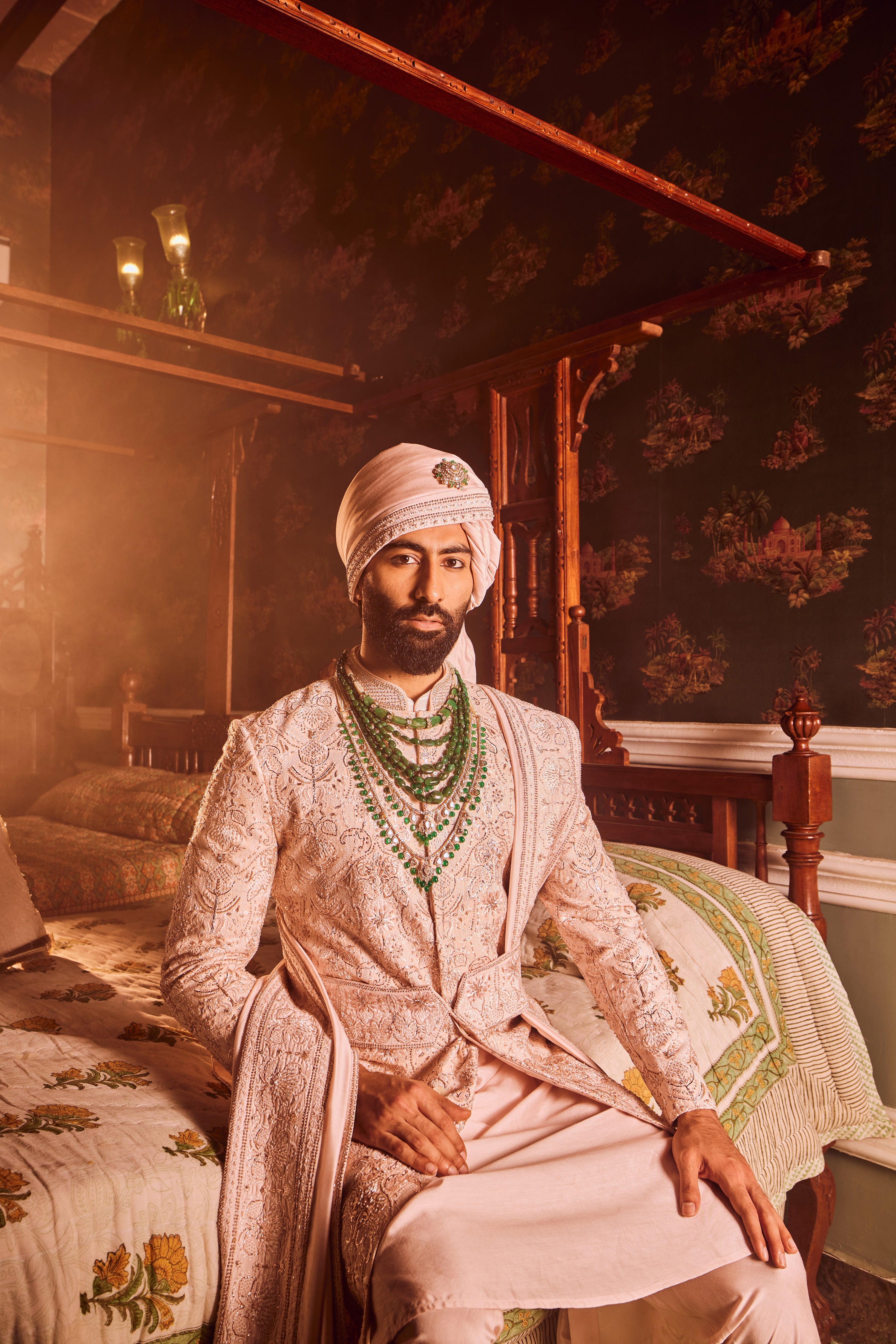 Light Pink Palm Silk Hand-Embroidered Sherwani Set