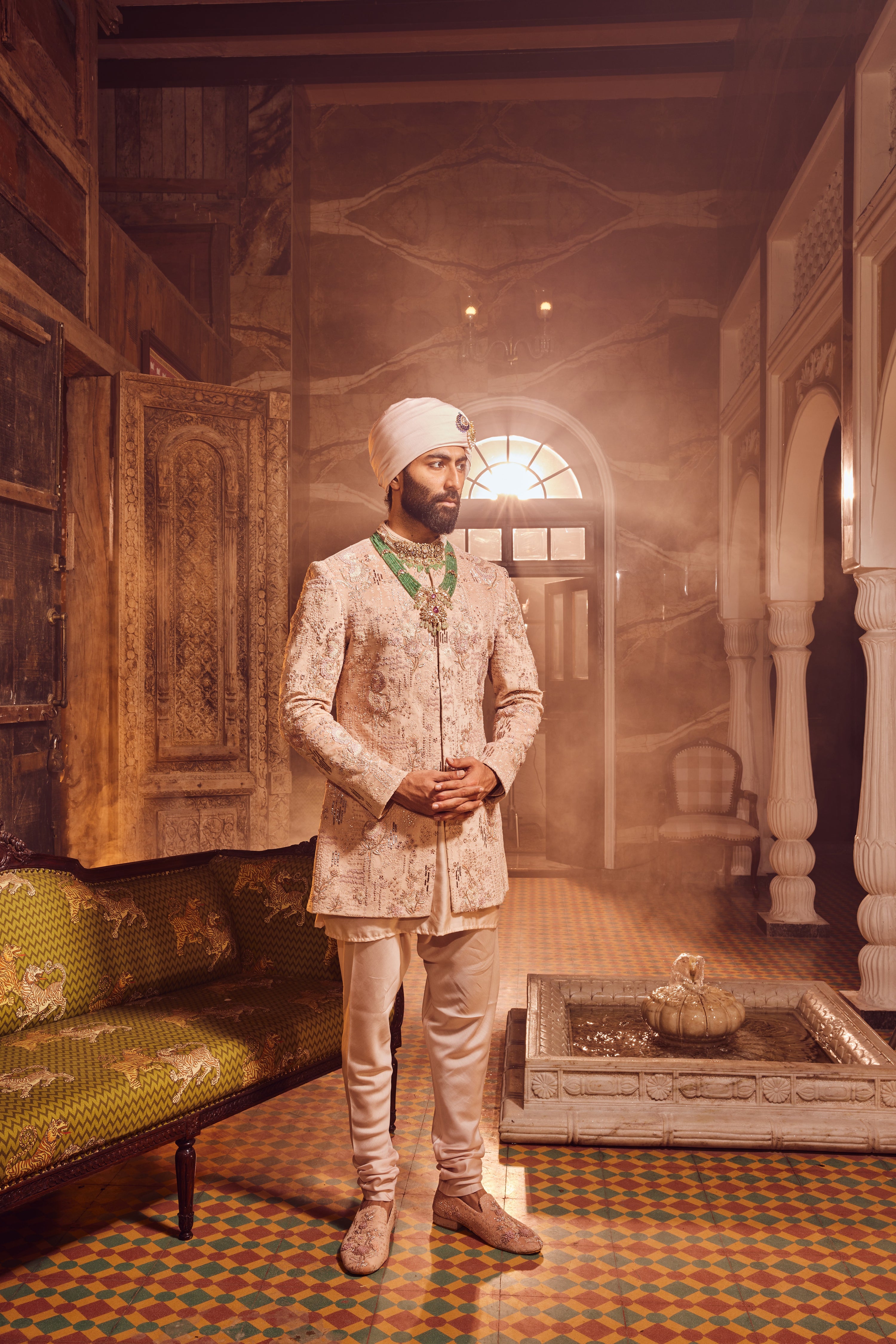Salmon Pink Velvet Embroidered Bandhgala Set