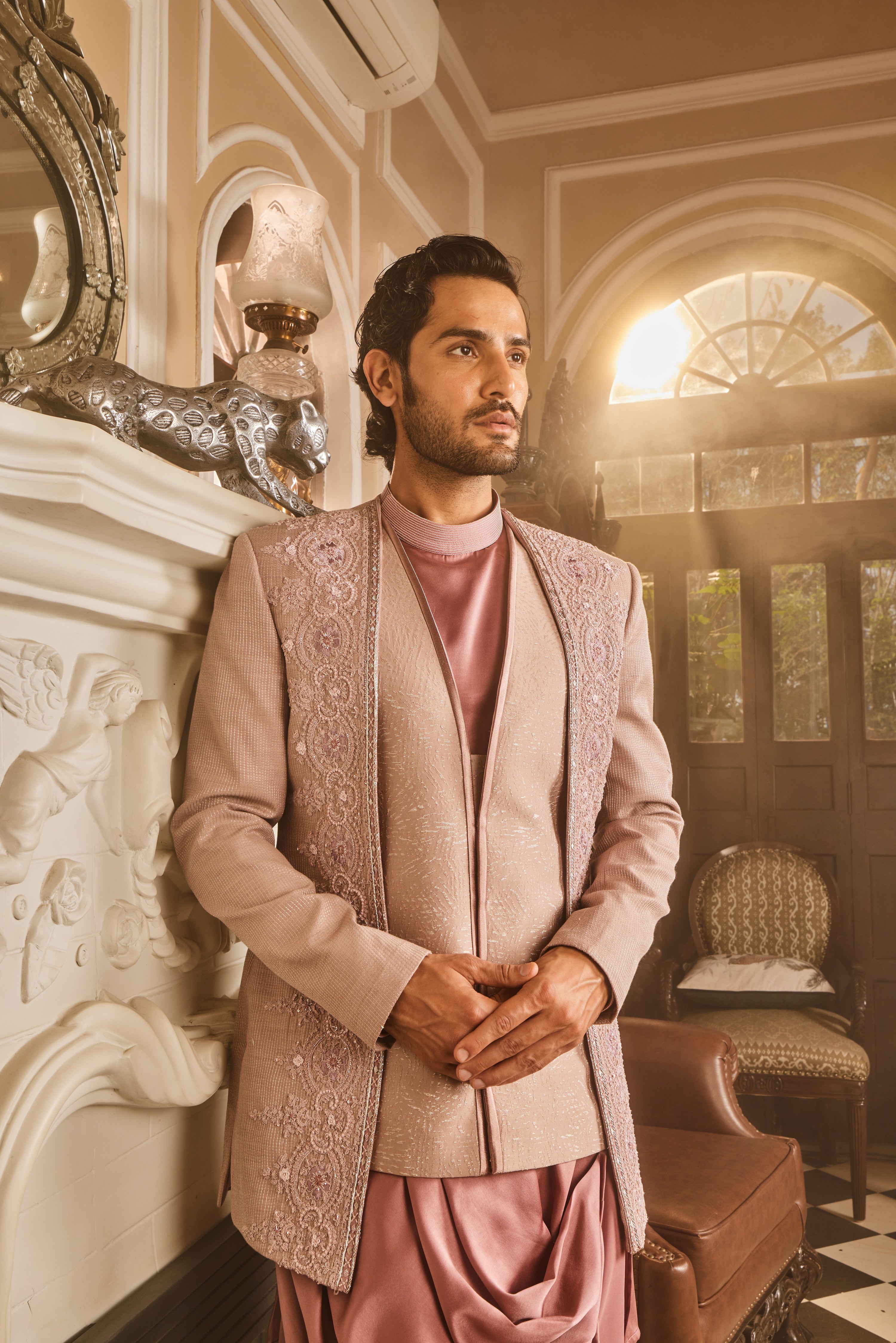 Lilac Silk Brocade Embroidered Bandhgala Set