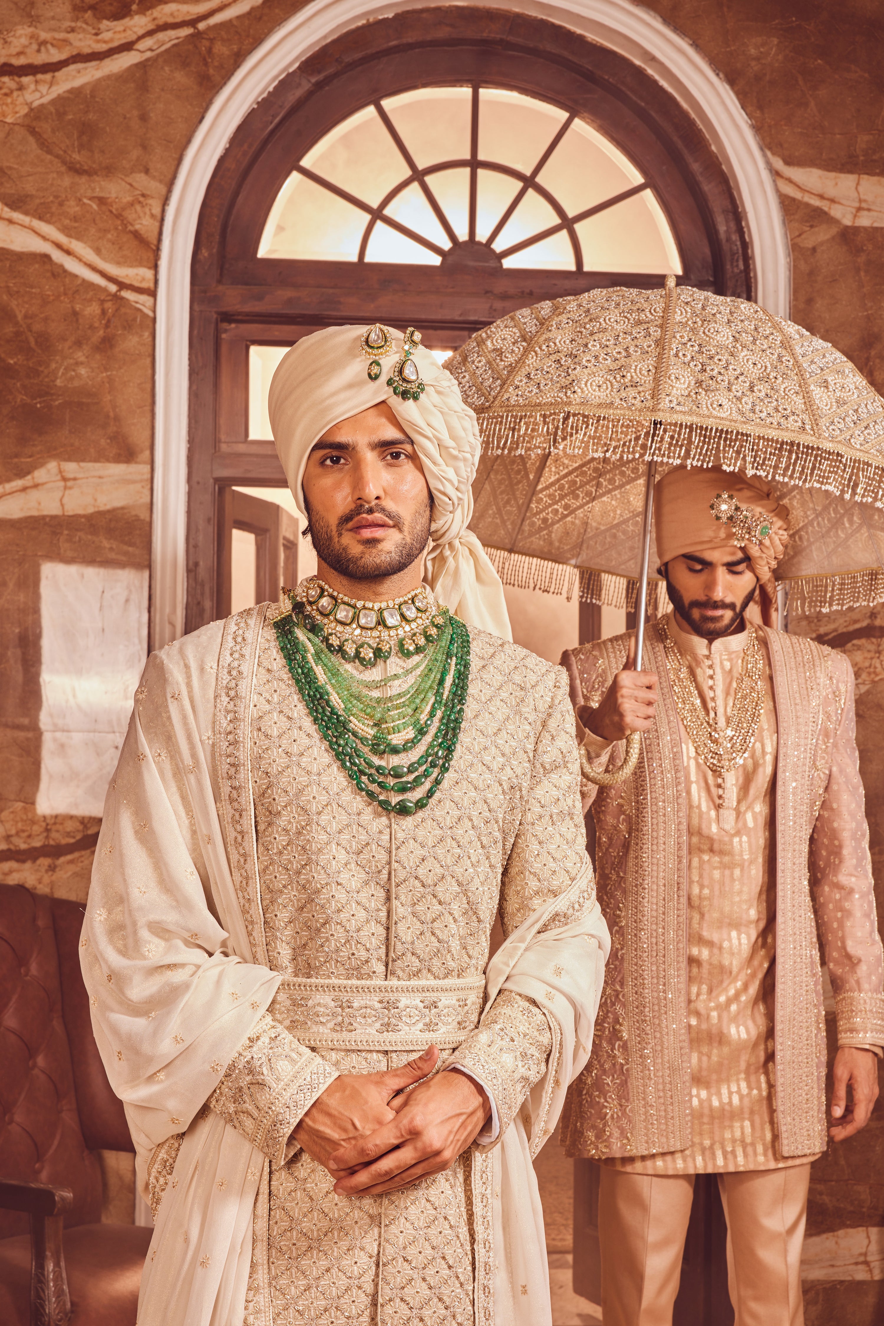 Ivory Raw Silk Zardozi Embroidered Sherwani Set