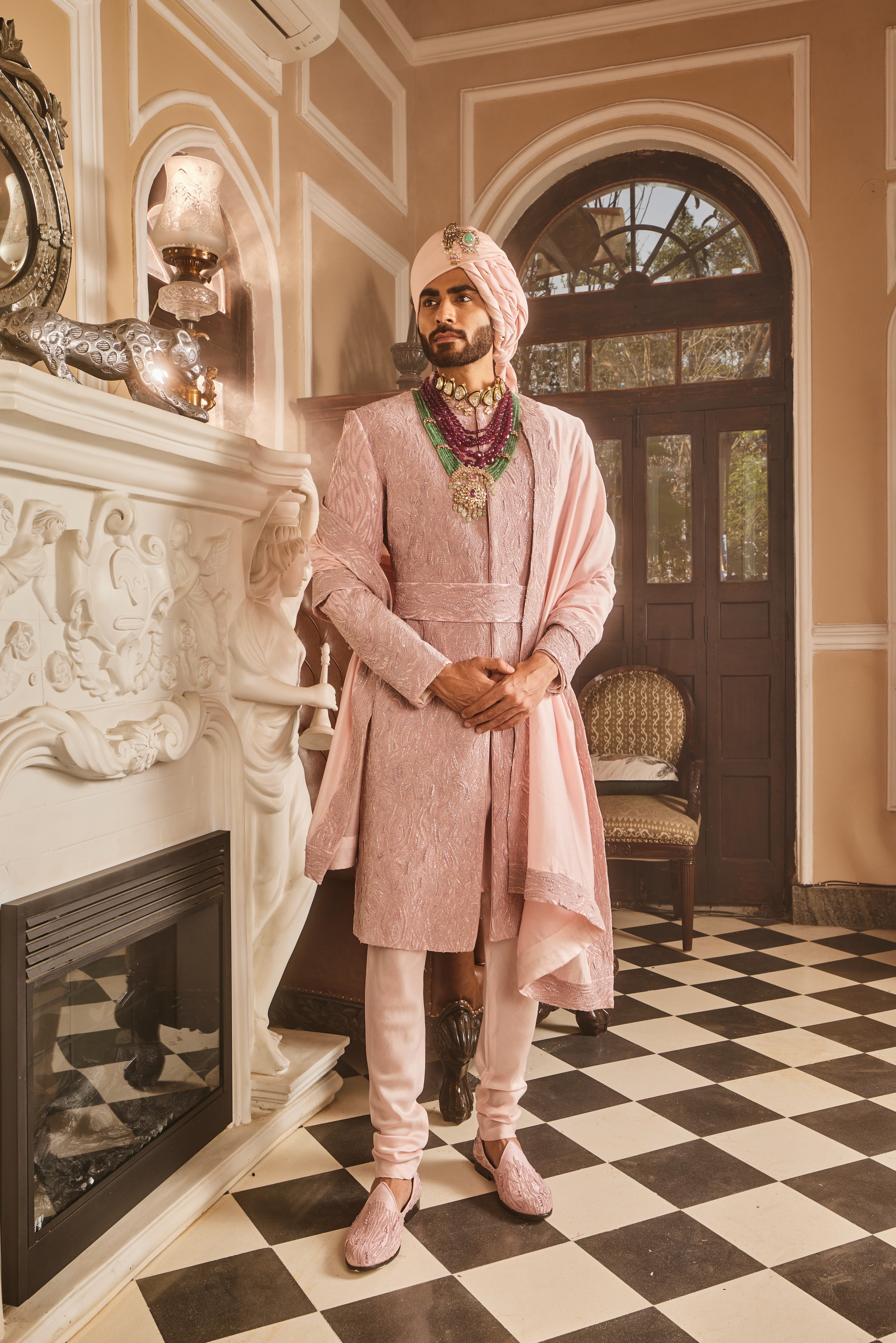 Crepe Pink Raw Silk Embroidered Sherwani Set
