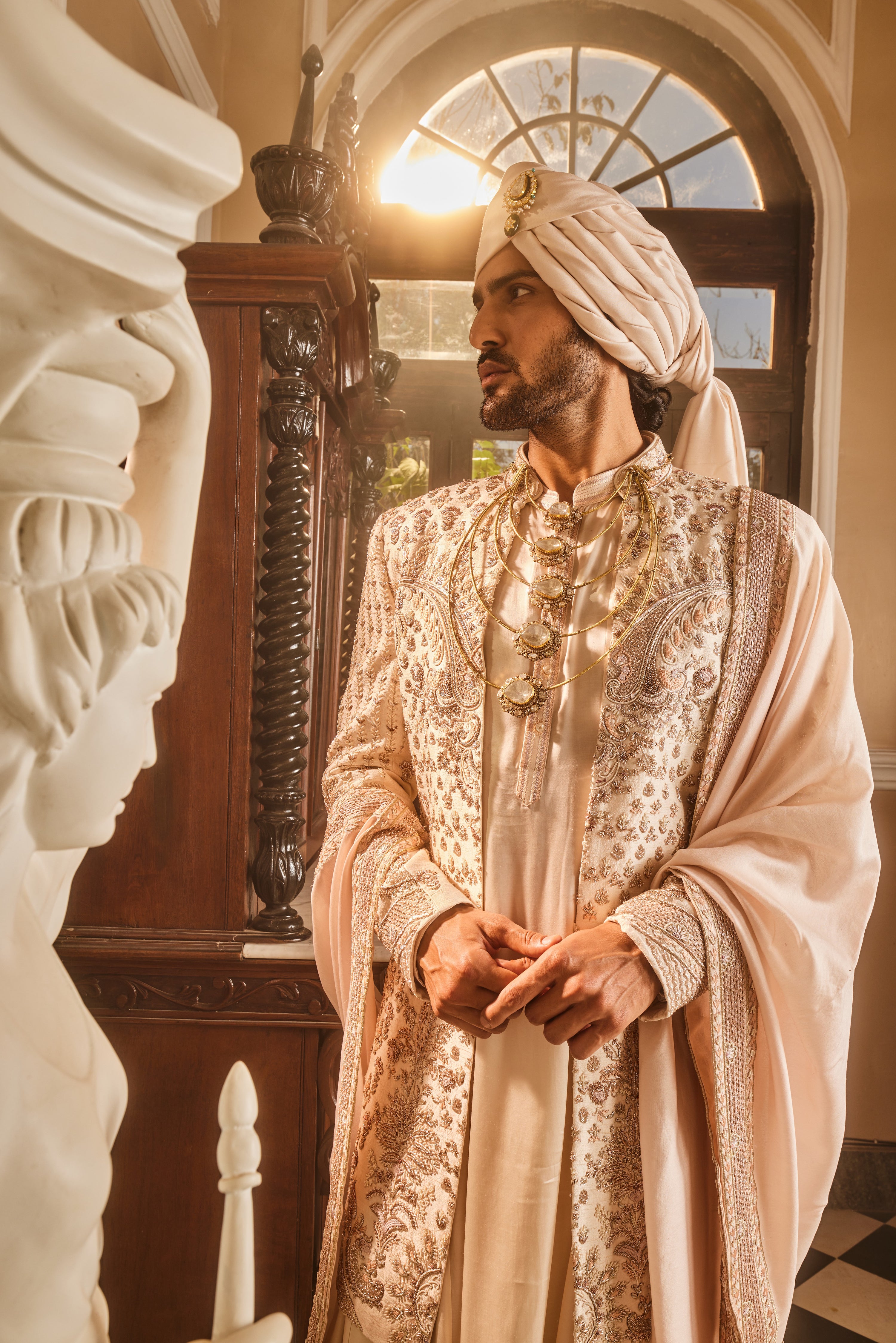 Ivory Raw Silk Open Embroidered Sherwani Set