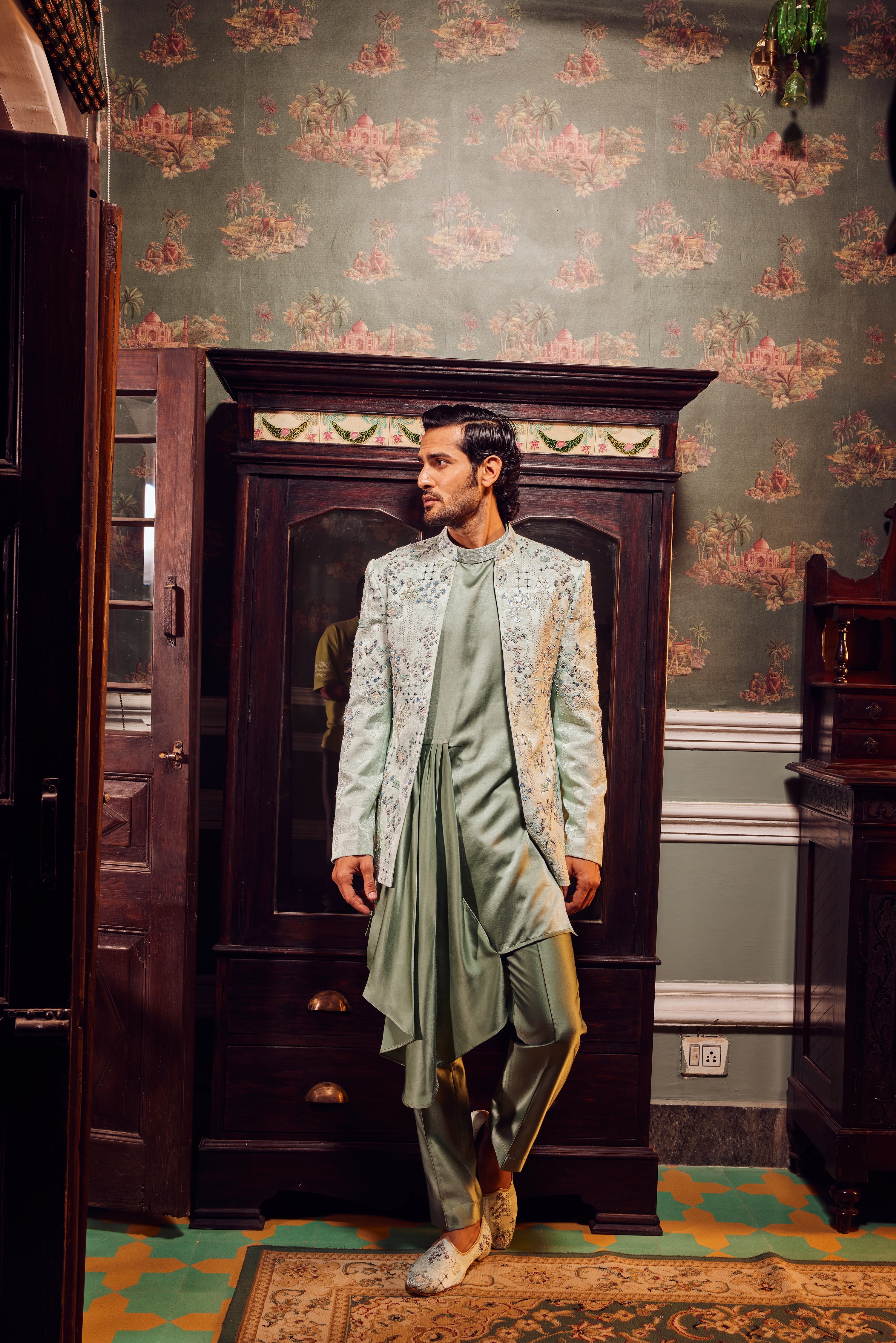 Sage Open Jaquard Embroidered Bandhgala Set