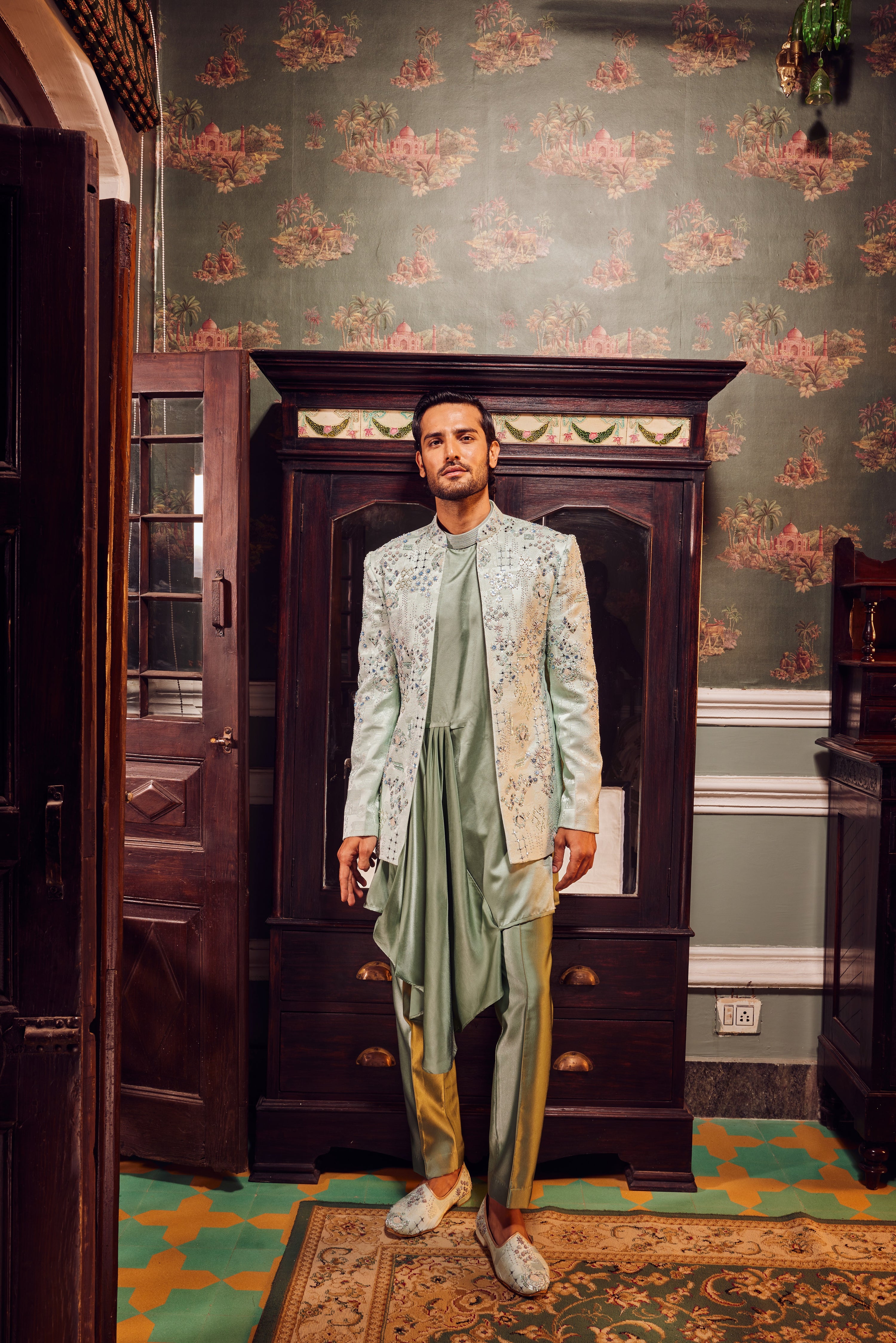 Sage Open Jaquard Embroidered Bandhgala Set