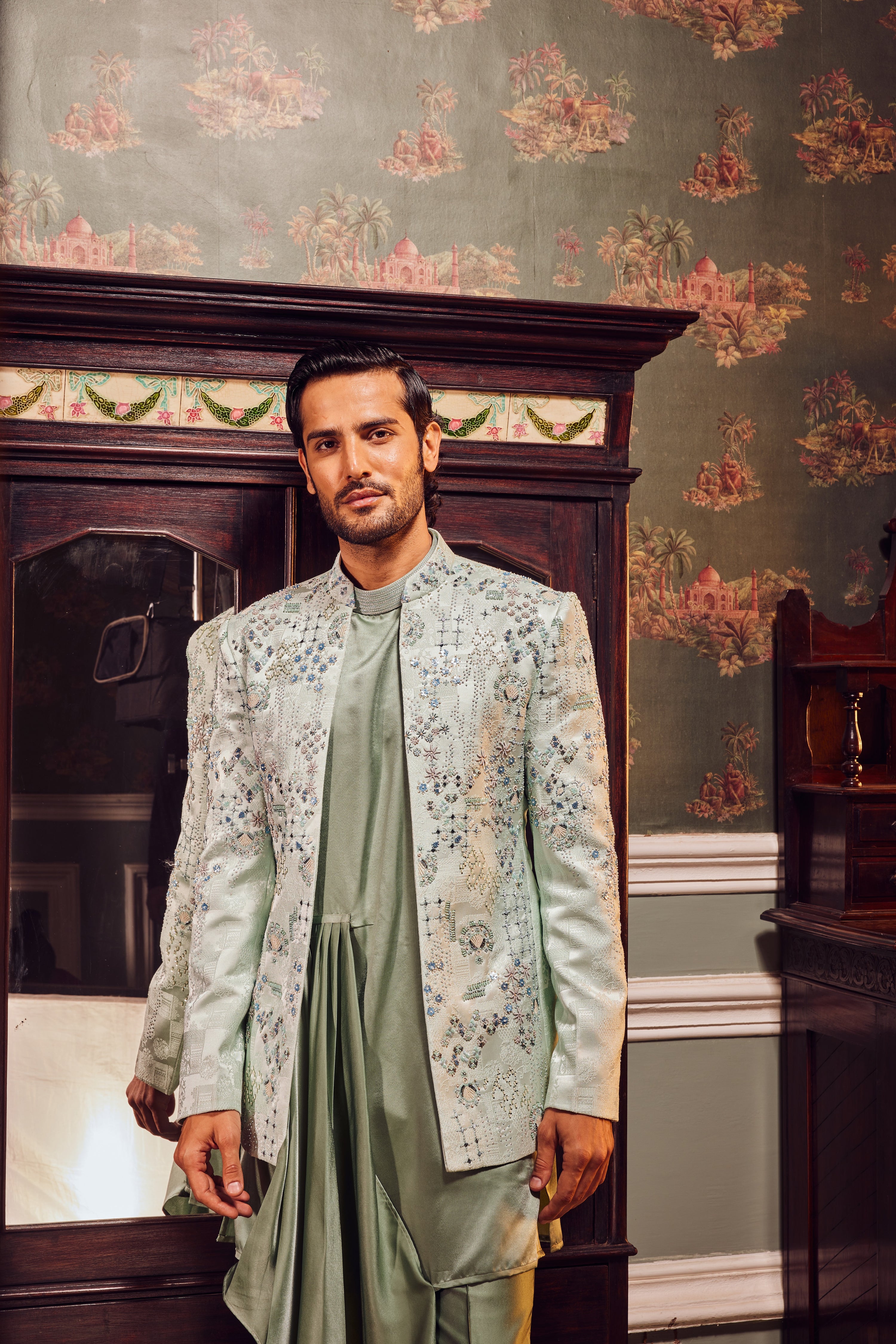 Sage Open Jaquard Embroidered Bandhgala Set