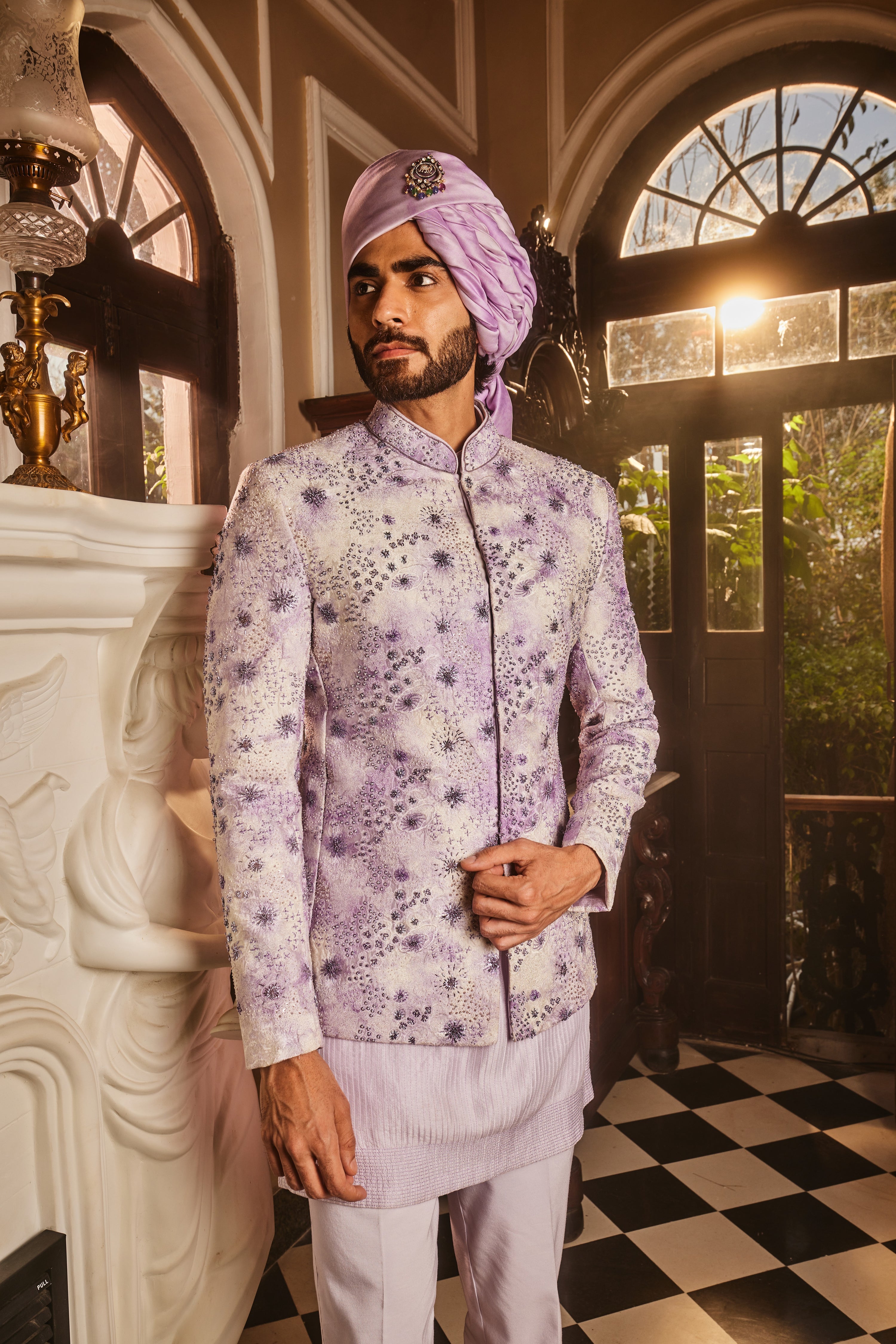 Lilac Chanderi Silk Tie-Dye Embroidered Bandhgala Set