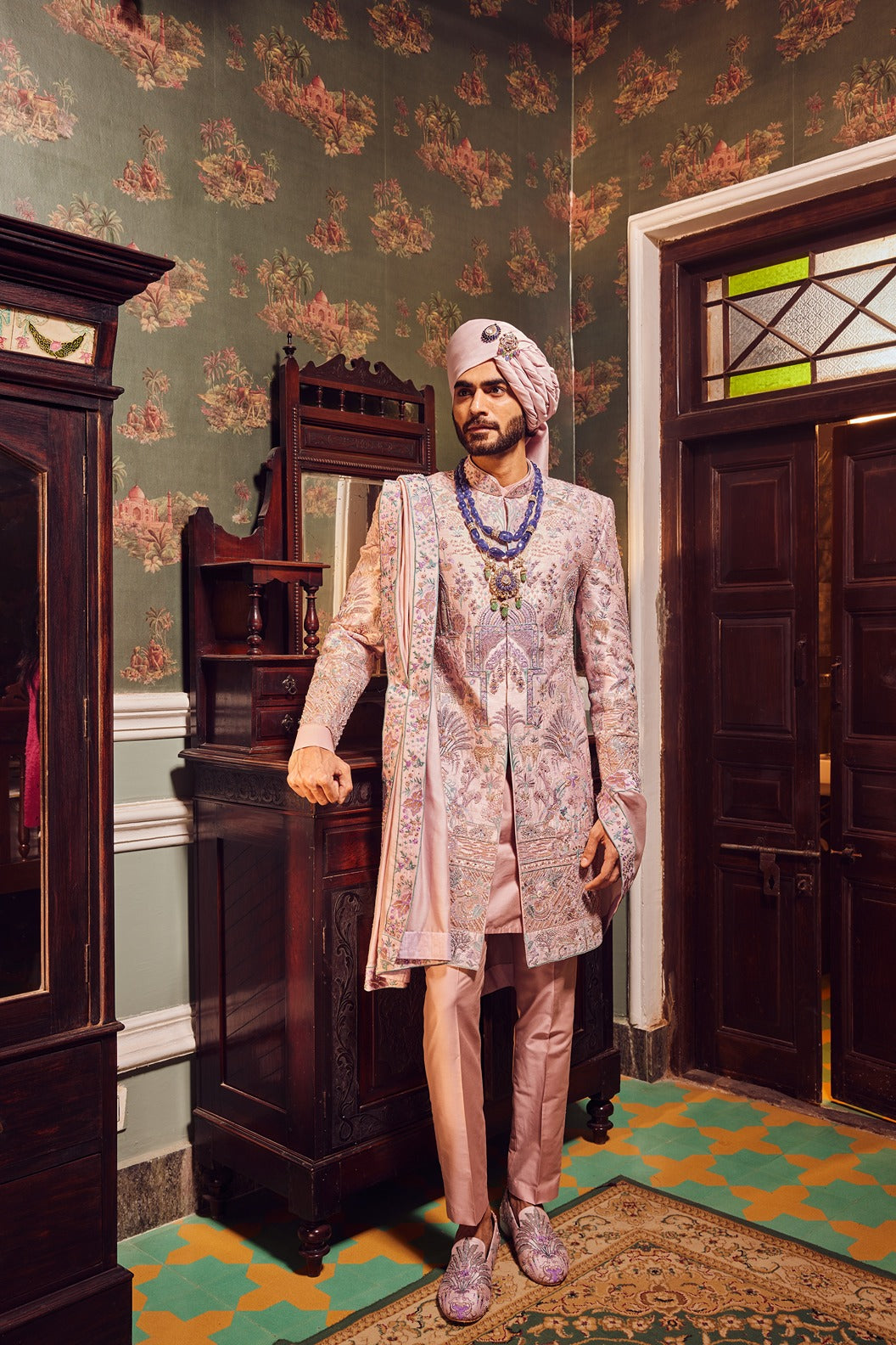 Raw Silk Pink Panel Embroidered Sherwani Set