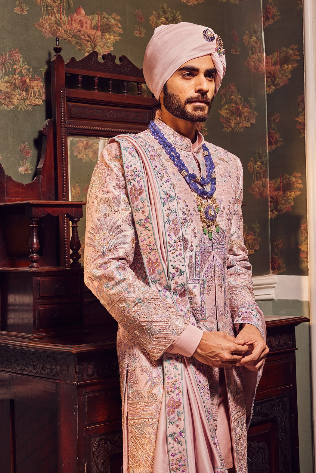 Raw Silk Pink Panel Embroidered Sherwani Set