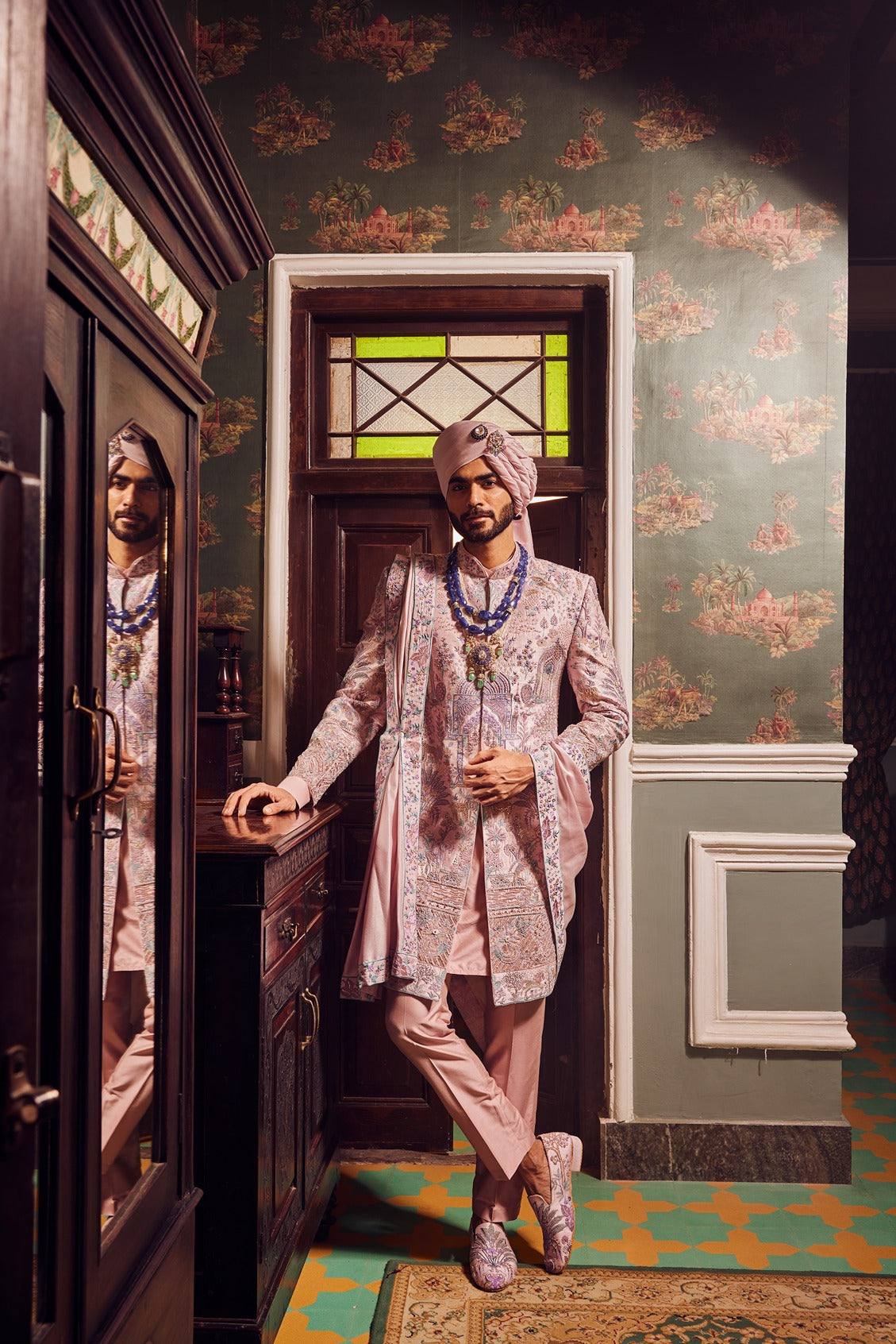 Raw Silk Pink Panel Embroidered Sherwani Set