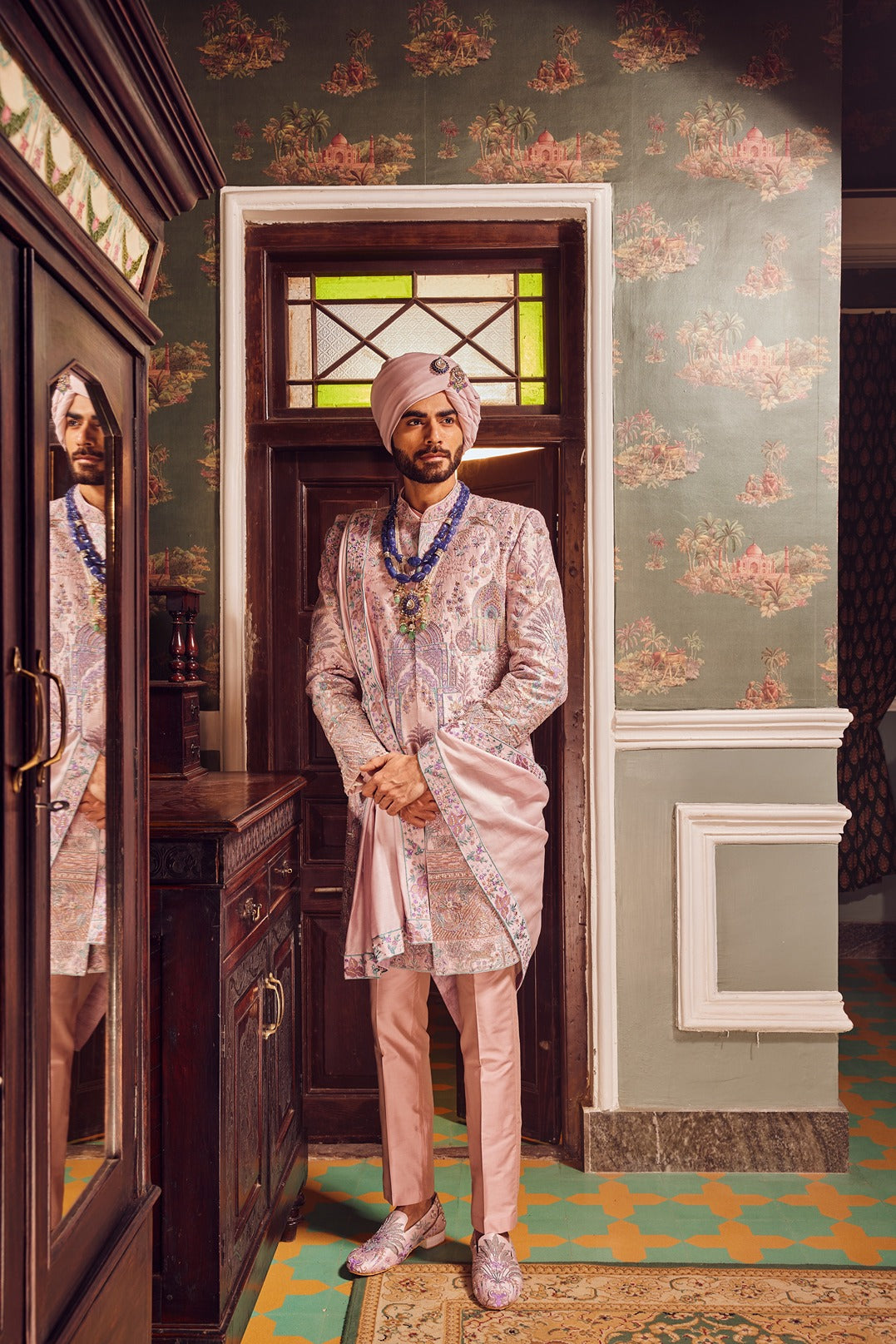 Raw Silk Pink Panel Embroidered Sherwani Set