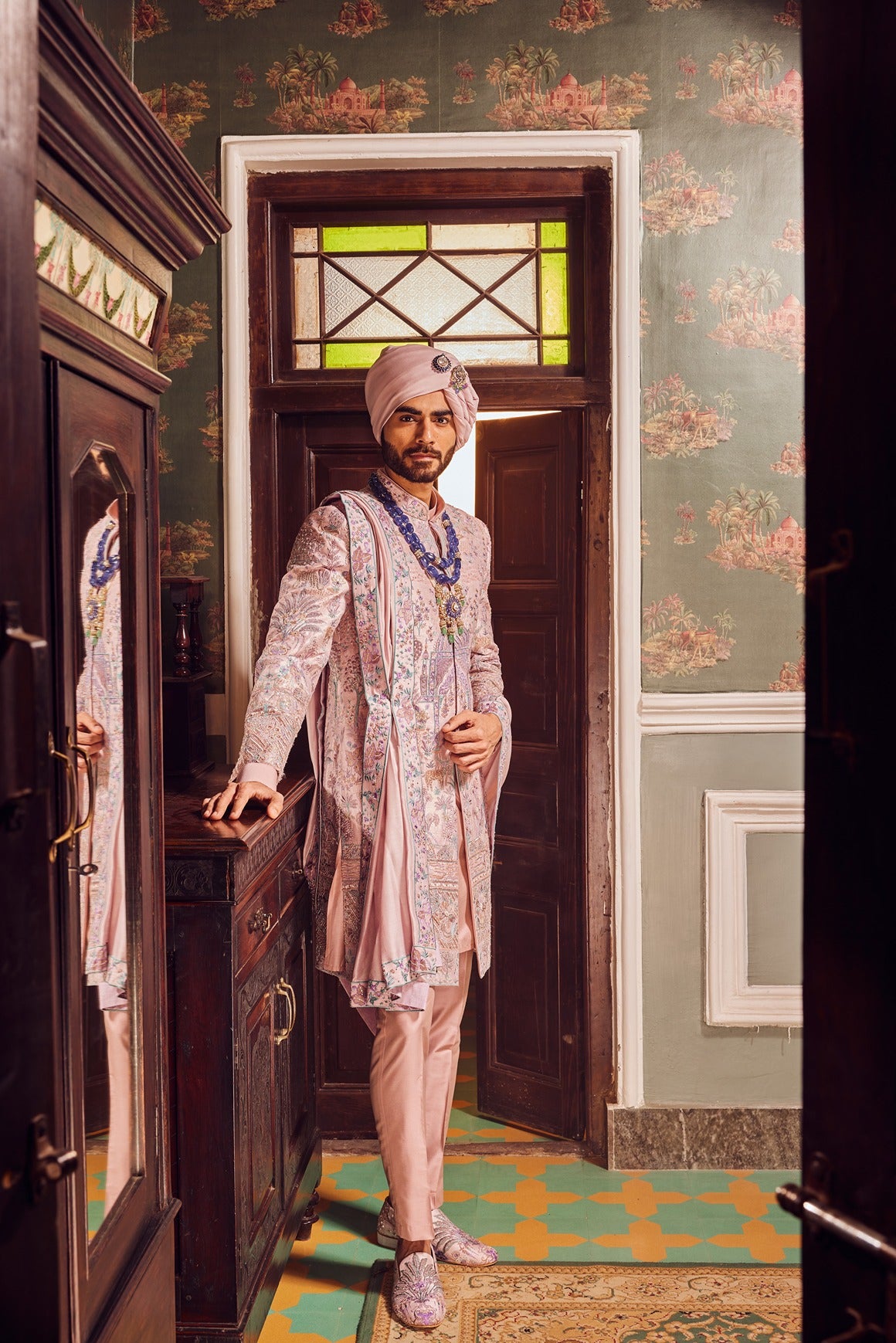 Raw Silk Pink Panel Embroidered Sherwani Set